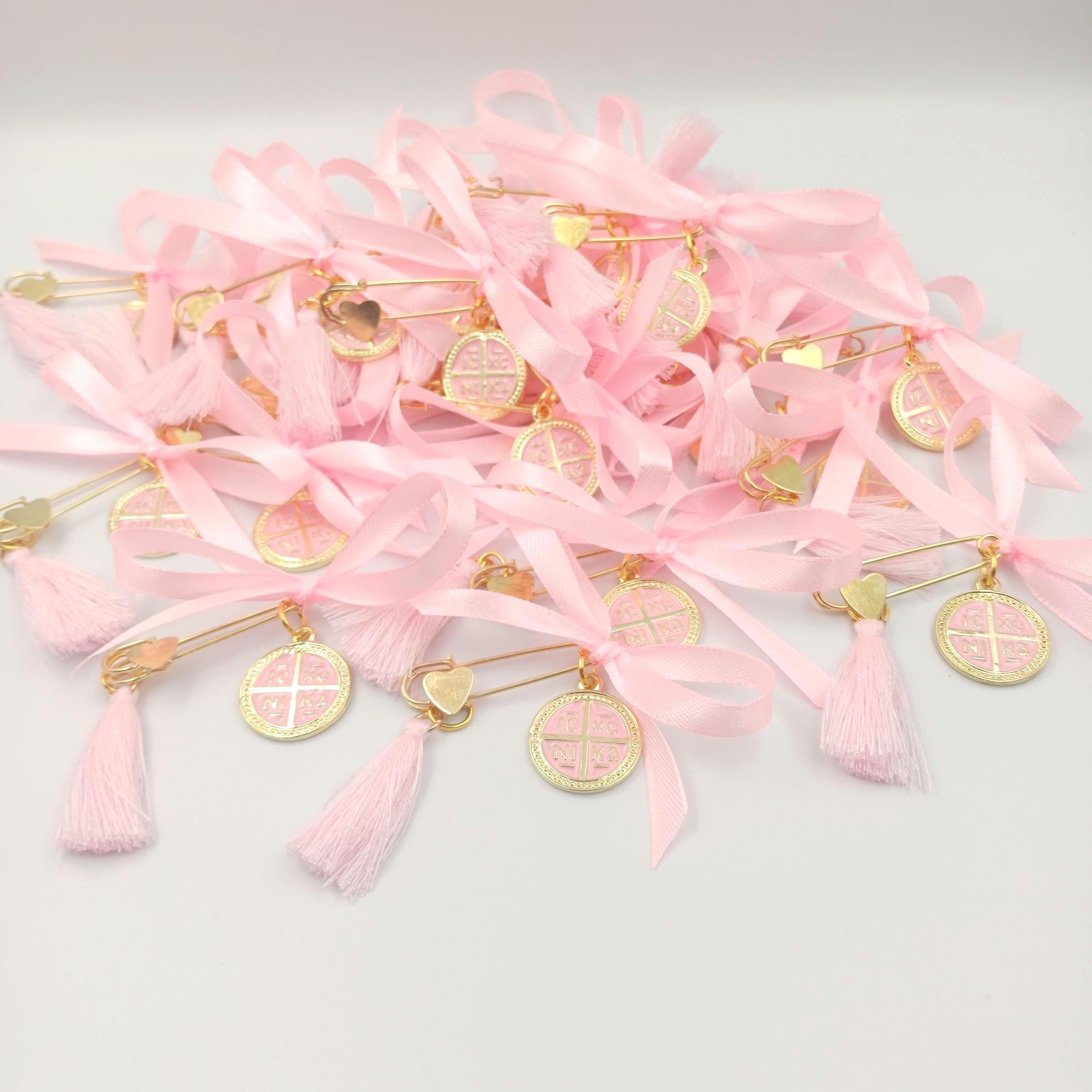 Greek Baptism Pins for girl,  Martyrika Witness Pins, Pink cross Baptism Favors, Greek Orthodox gold cross Baptism, First Communion  10 pcs.