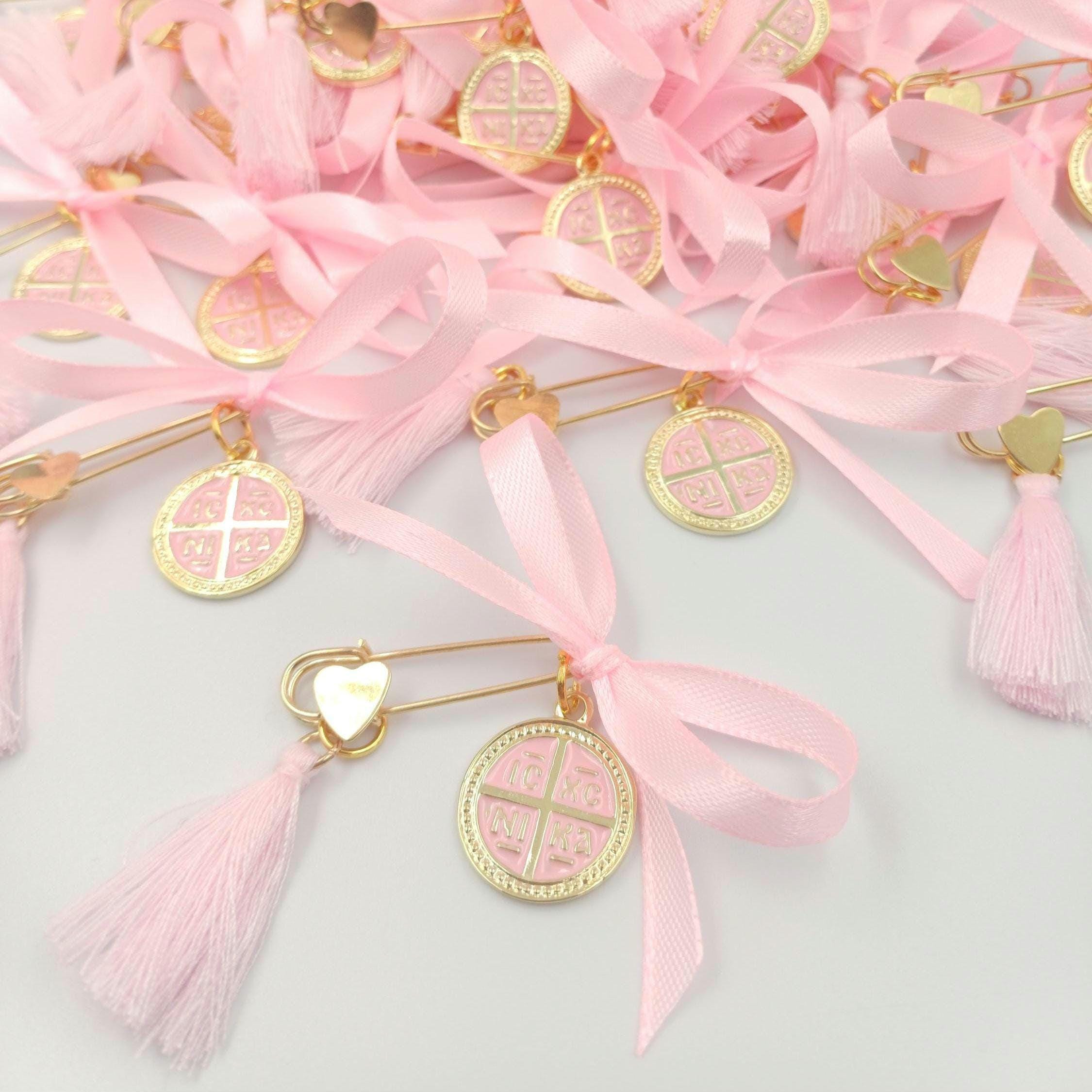 Greek Baptism Pins for girl,  Martyrika Witness Pins, Pink cross Baptism Favors, Greek Orthodox gold cross Baptism, First Communion  10 pcs.