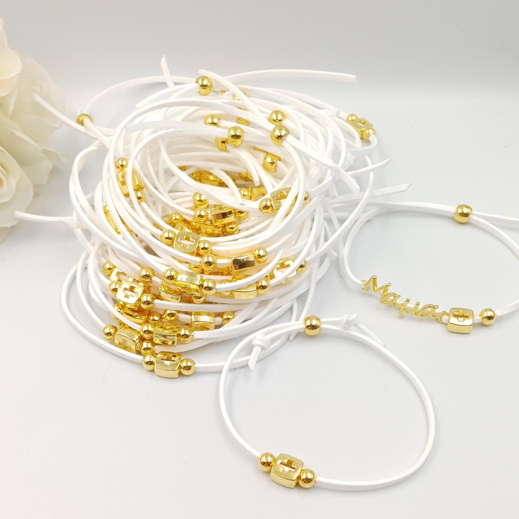 Orthodox Baptism Bracelet: Gold Cross, White Martyrika Favors (10 pcs)
