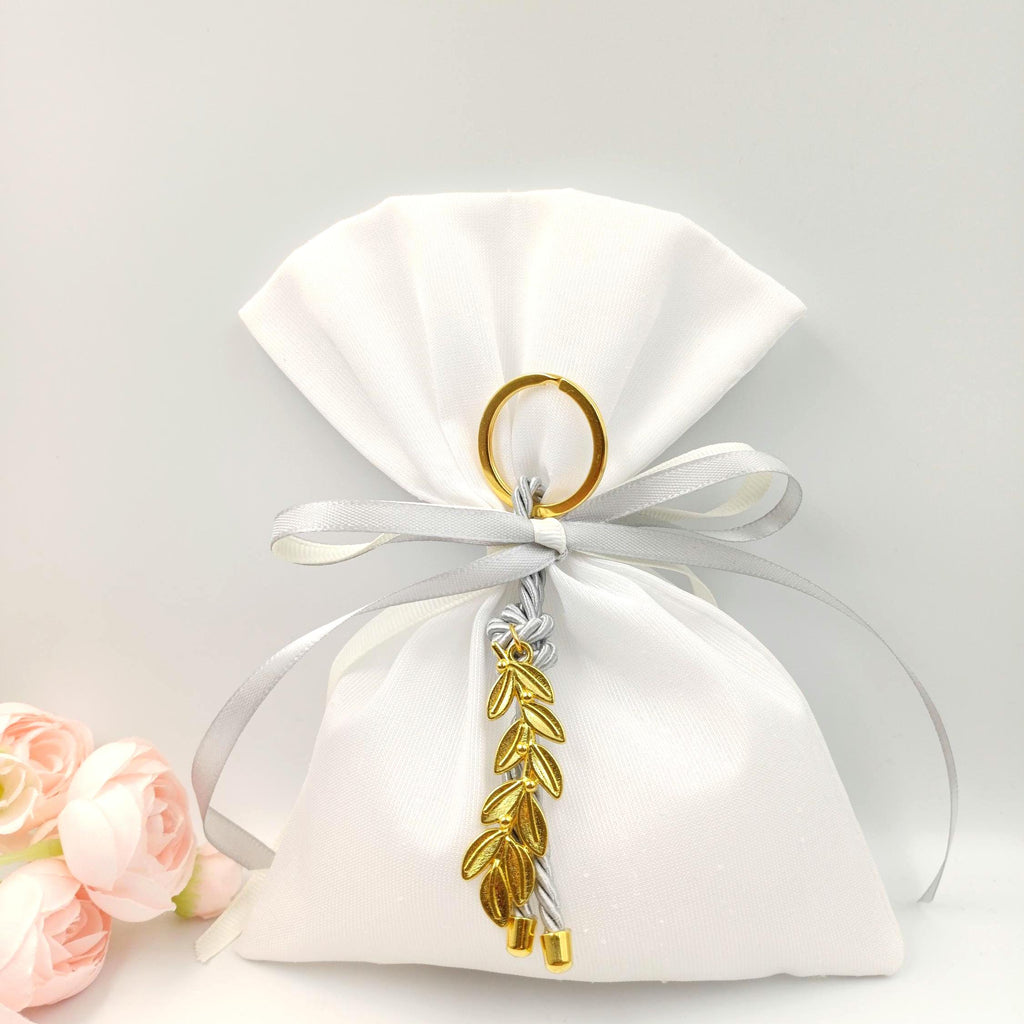 Greek bomboniera Wedding Favors with Olive Branch Key Chain,  Orthodox Baptism , Bridal Shower Gifts , 5 sugared almonds 10 pcs