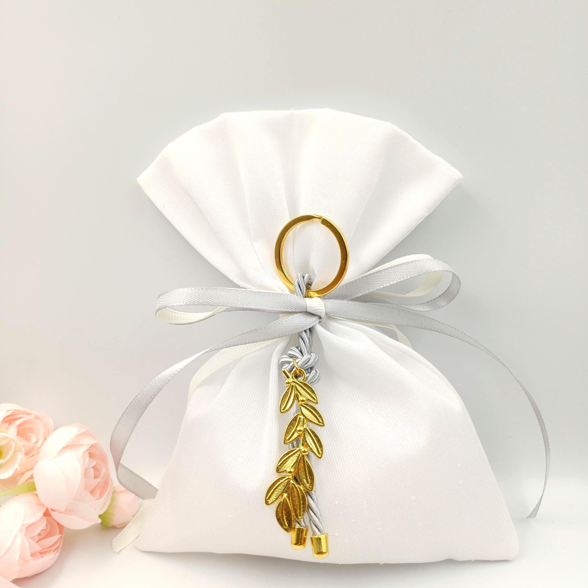 Greek bomboniera Wedding Favors with Olive Branch Key Chain,  Orthodox Baptism , Bridal Shower Gifts , 5 sugared almonds 10 pcs