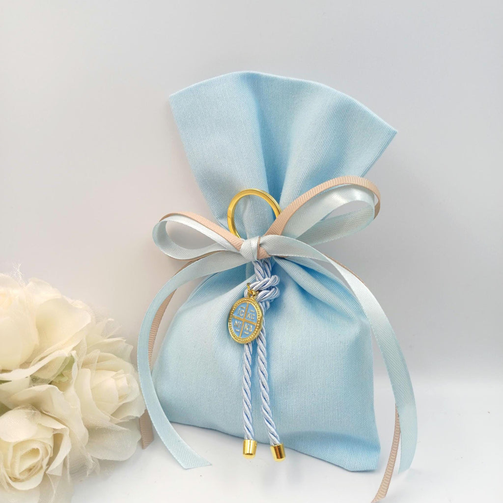 Cross key chain favors baptism, Greek baptism boubounieres, Orthodox baby blue Martirika, Almond candy bags 10 pcs.