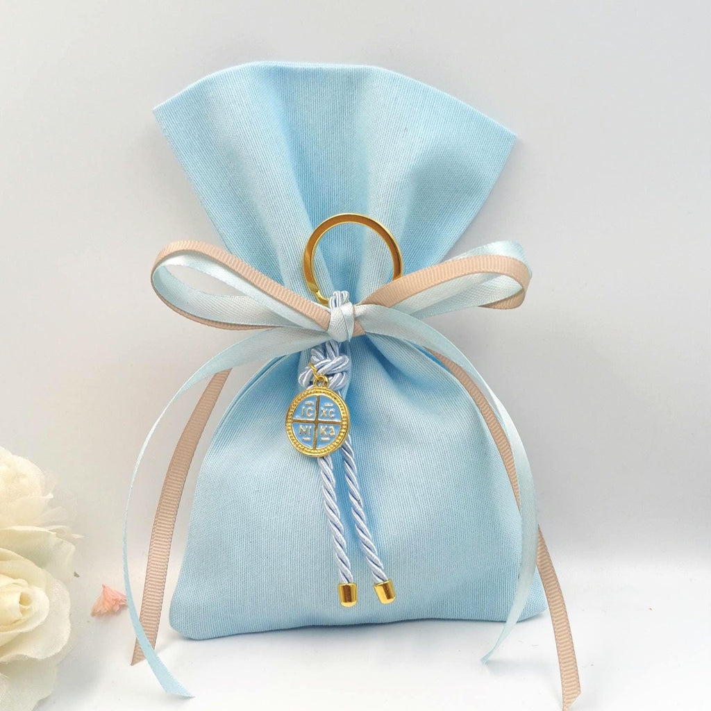 Cross key chain favors baptism, Greek baptism boubounieres, Orthodox baby blue Martirika, Almond candy bags 10 pcs.