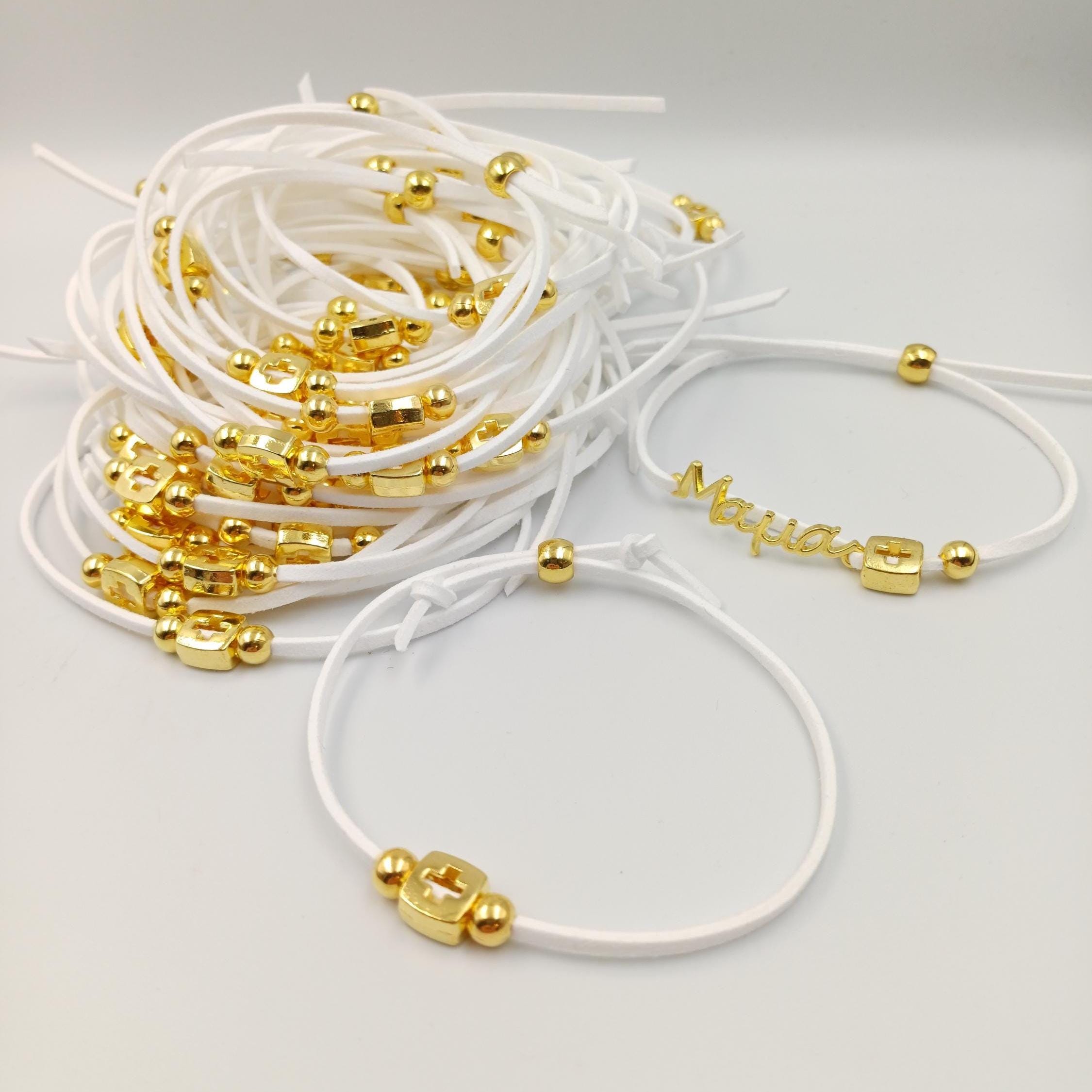 Orthodox Baptism Bracelet: Gold Cross, White Martyrika Favors (10 pcs)