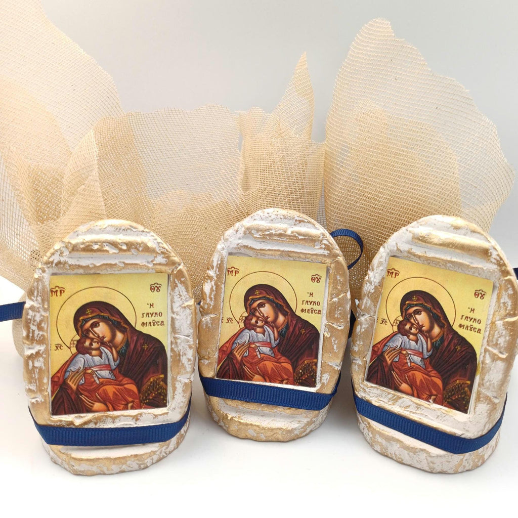 Greek Orthodox Wedding Favors: Ceramic Icon, Tulle Bomboniera, Koufeta (set of 20)
