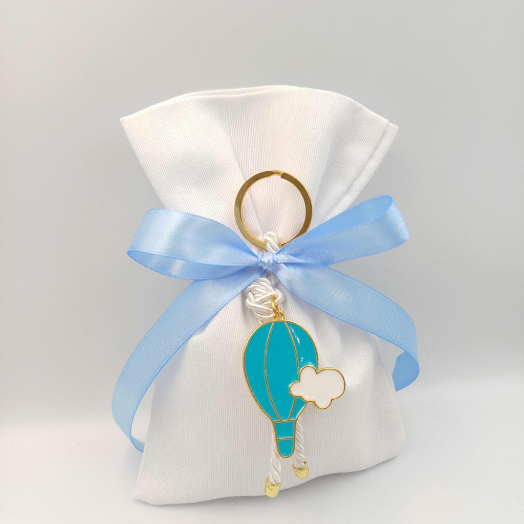 Greek Orthodox Baptism Bomboniere with blue Hot Air Balloon keychain, 10 pcs