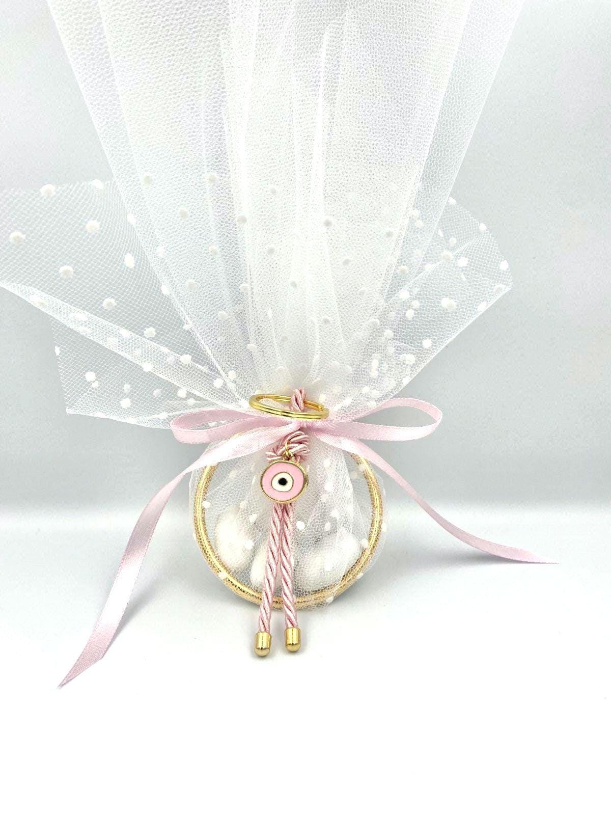 Greek Baptism Bombonieres – Evil Eye Keychain & Almond Candy – Orthodox Girl Favor, Martyrika, Koufeta (Set of 10)