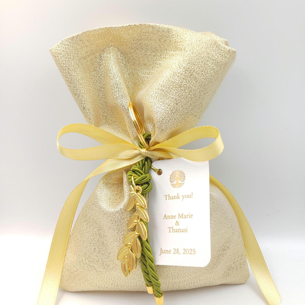 Bomboniere with koufeta, personalized wedding Favor Bags: Personalized Greek Orthodox favors with Olive Branch Keychain (set of 10)