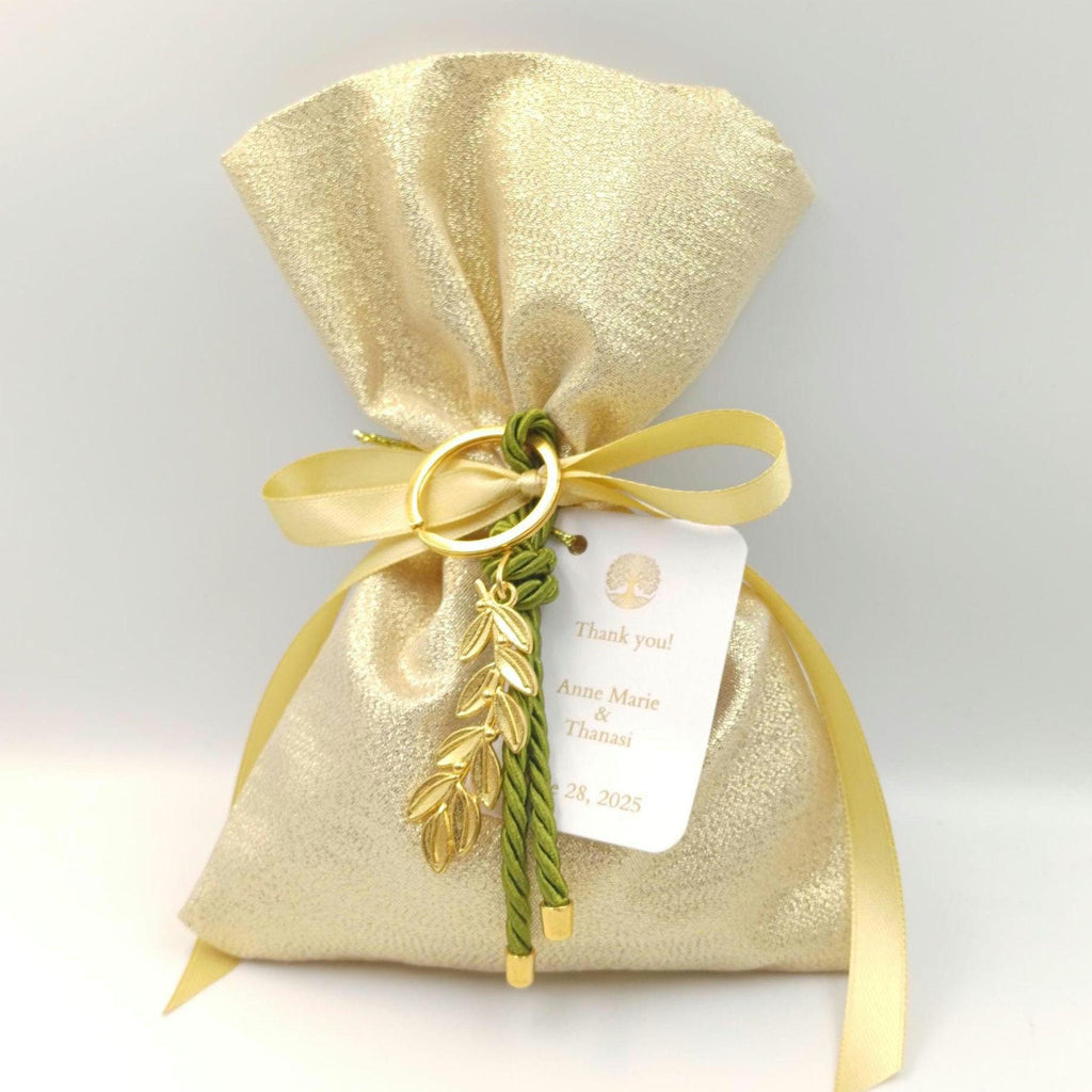 Bomboniere with koufeta, personalized wedding Favor Bags: Personalized Greek Orthodox favors with Olive Branch Keychain (set of 10)