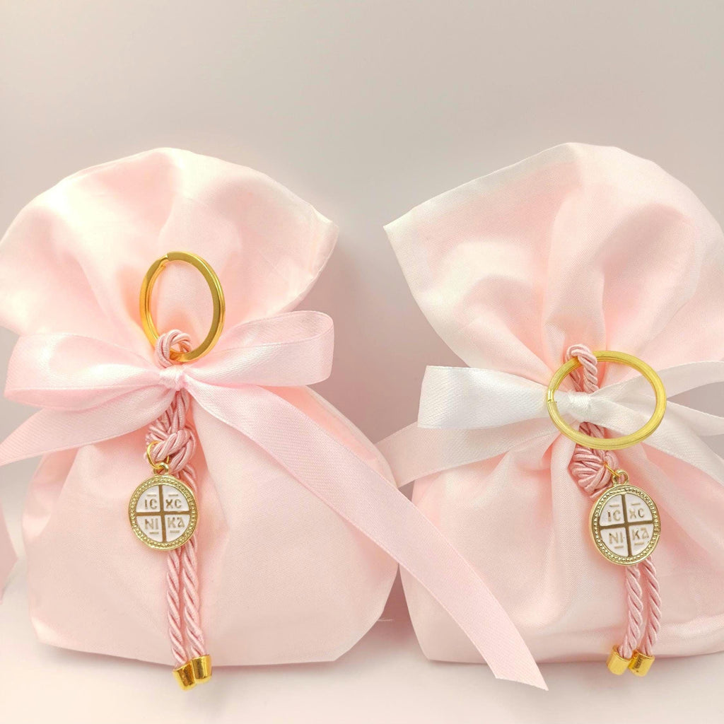 Pink Greek Orthodox Baptism Favors, Cross Keychain Koufeta - Set of 10