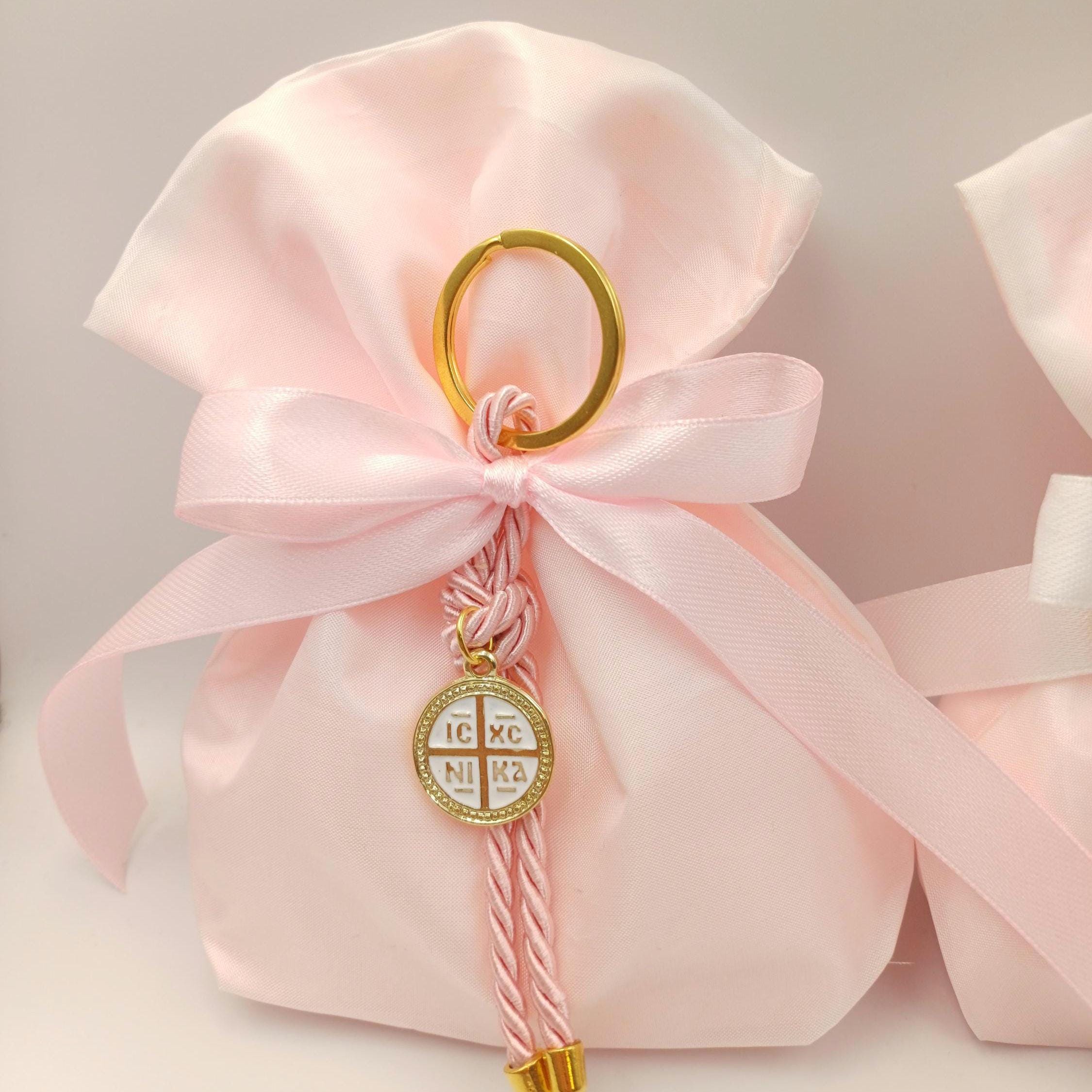 Pink Greek Orthodox Baptism Favors, Cross Keychain Koufeta - Set of 10