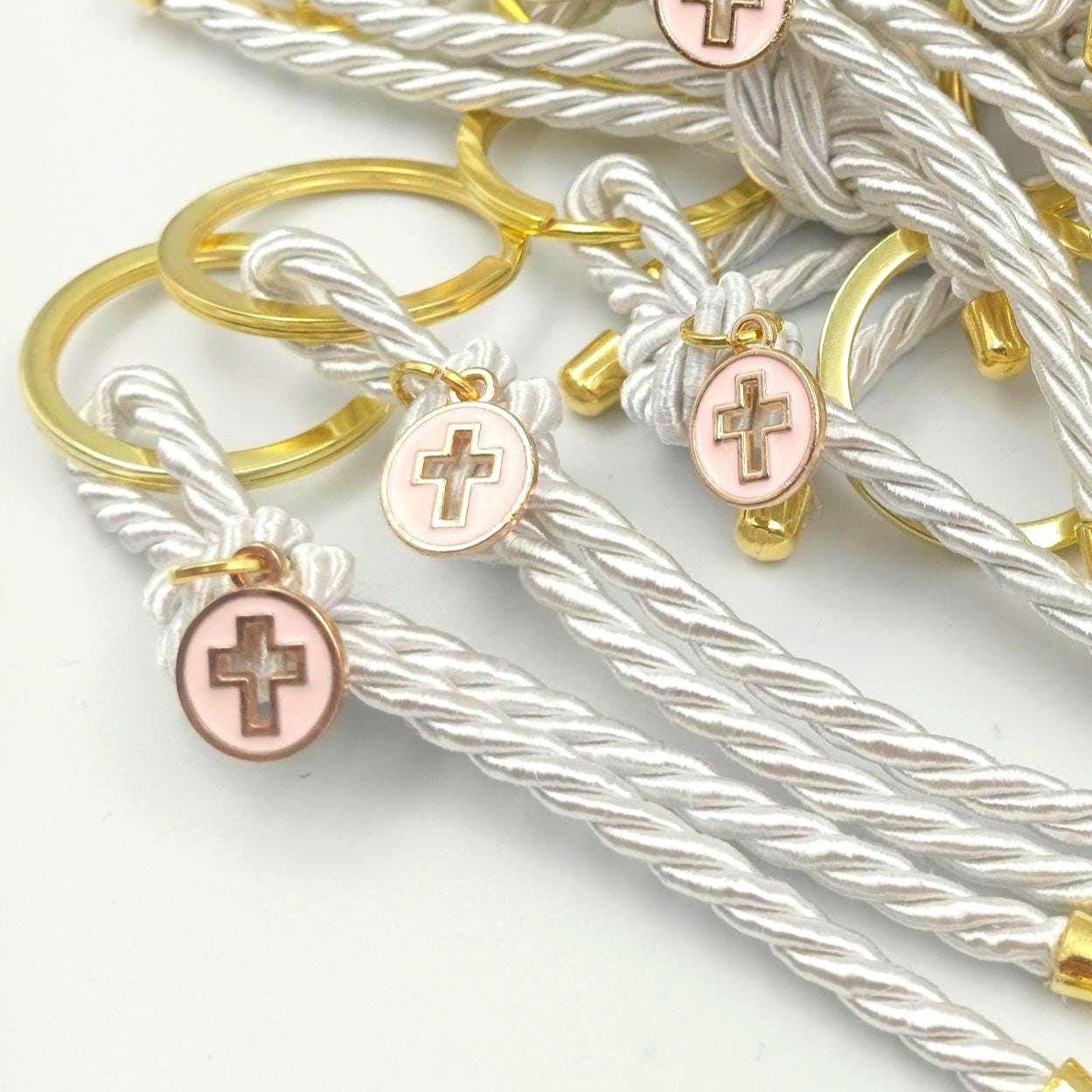 Pink Cross Keychain Favors | Greek Baptism Martyrika | Orthodox Christening Witness Gifts | Set of 10