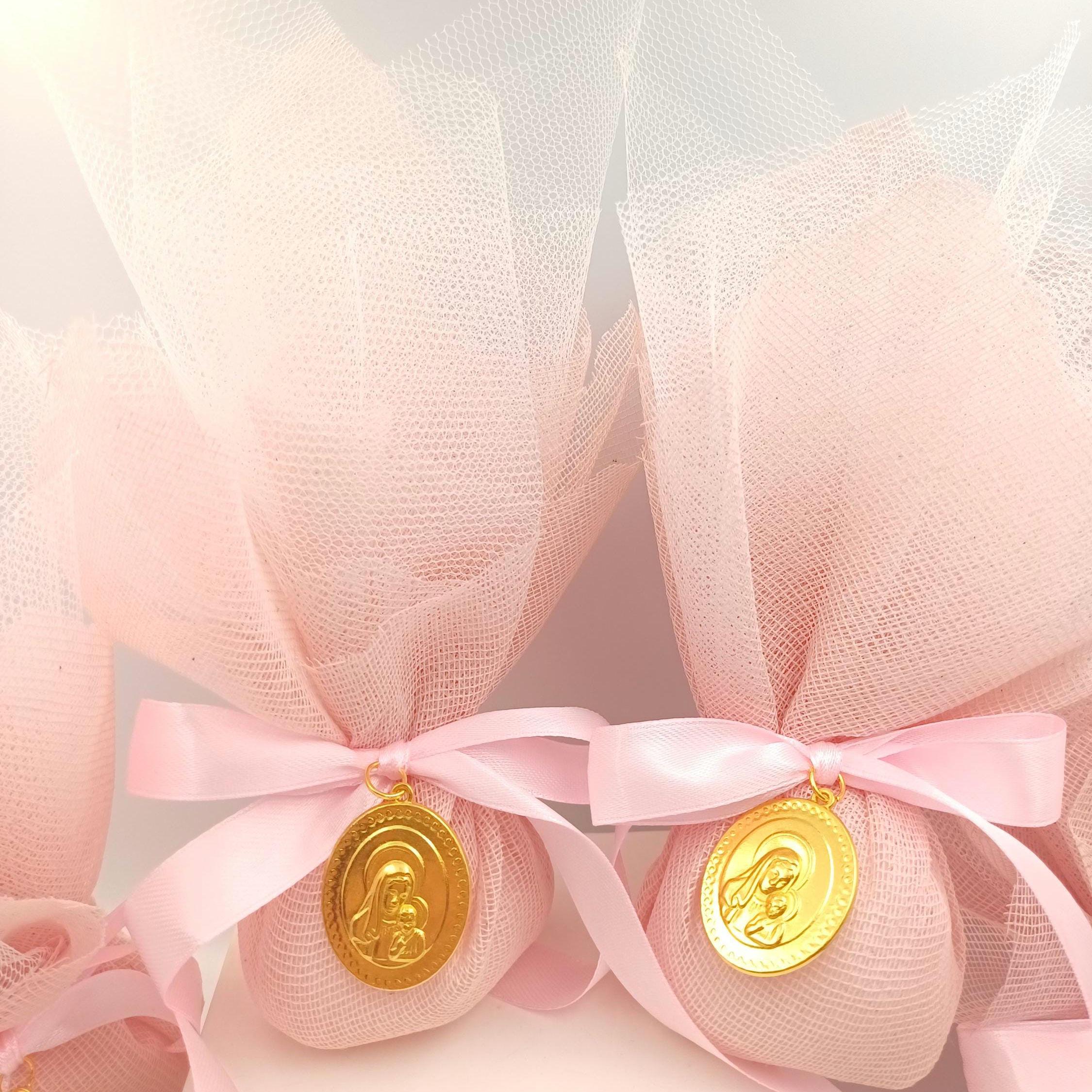 Greek Orthodox Icon Baptism Bombonieres, Pink tulle Christening favors Koufeta 10 pcs