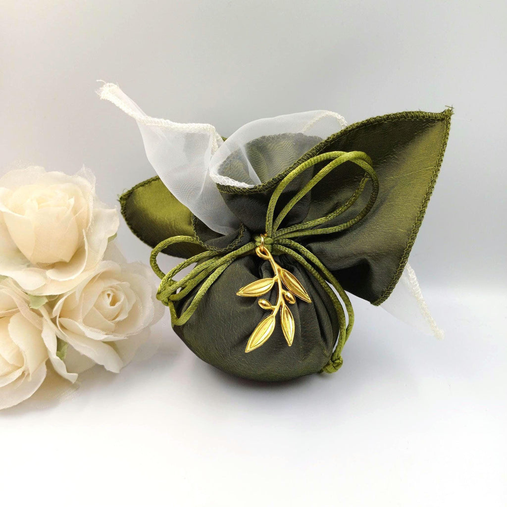 Engagement favors with Olive Branch Charm, Small Traditional Bomboniere Tulle Koufeta Bags 10pcs