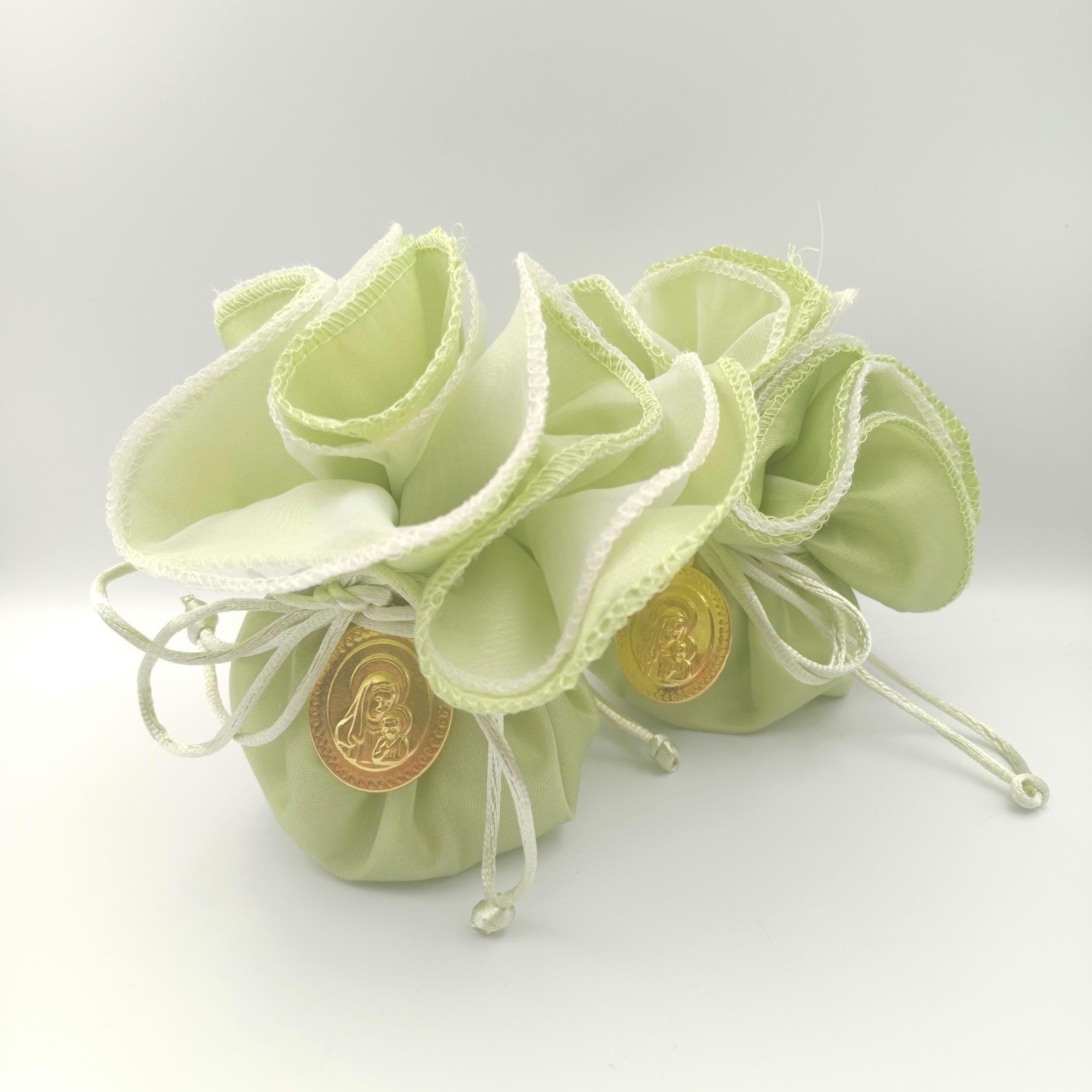 Baptism Favor, Greek Orthodox Icon , Mint Green Taffeta bombonieres, Koufeta bags (10pcs)