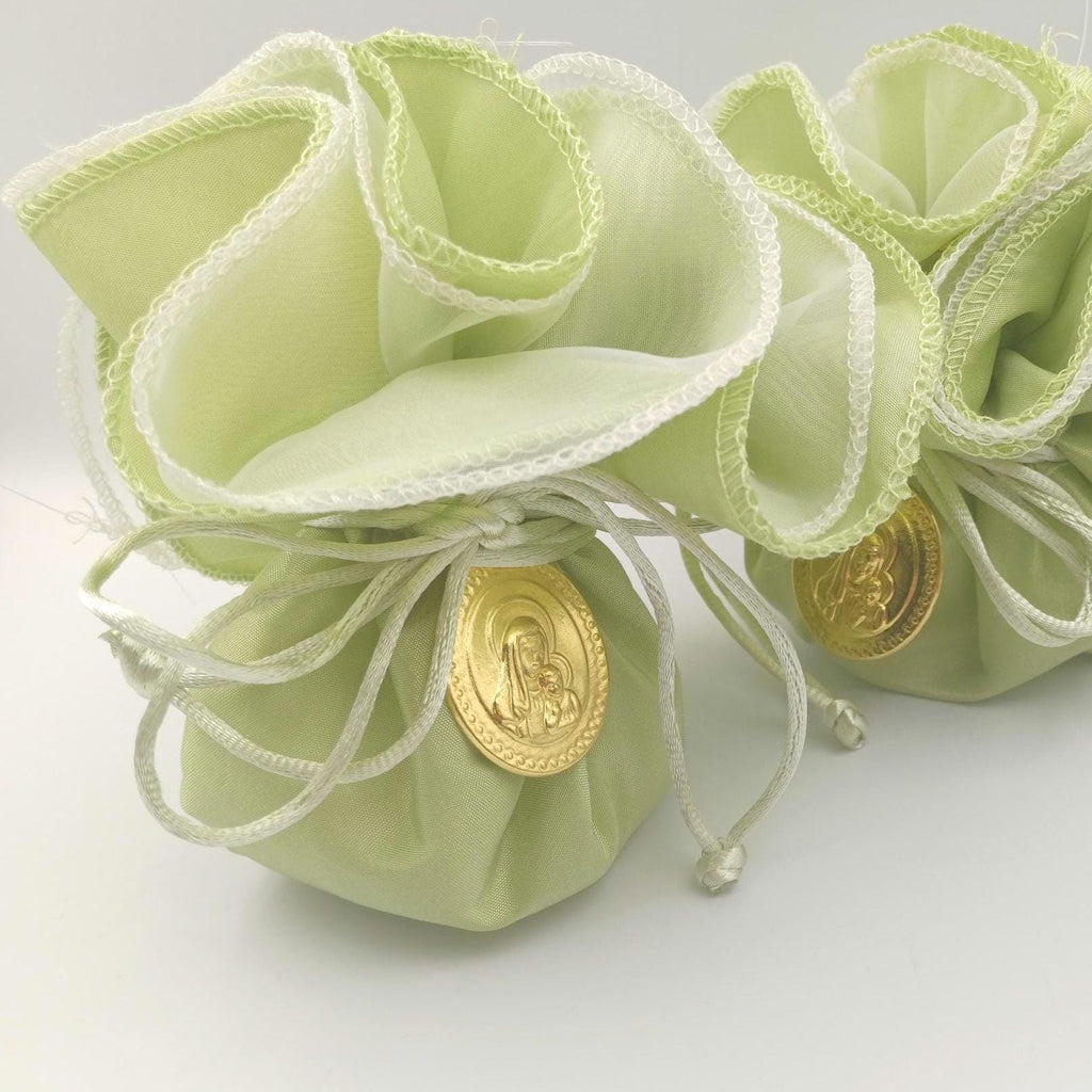 Baptism Favor, Greek Orthodox Icon , Mint Green Taffeta bombonieres, Koufeta bags (10pcs)
