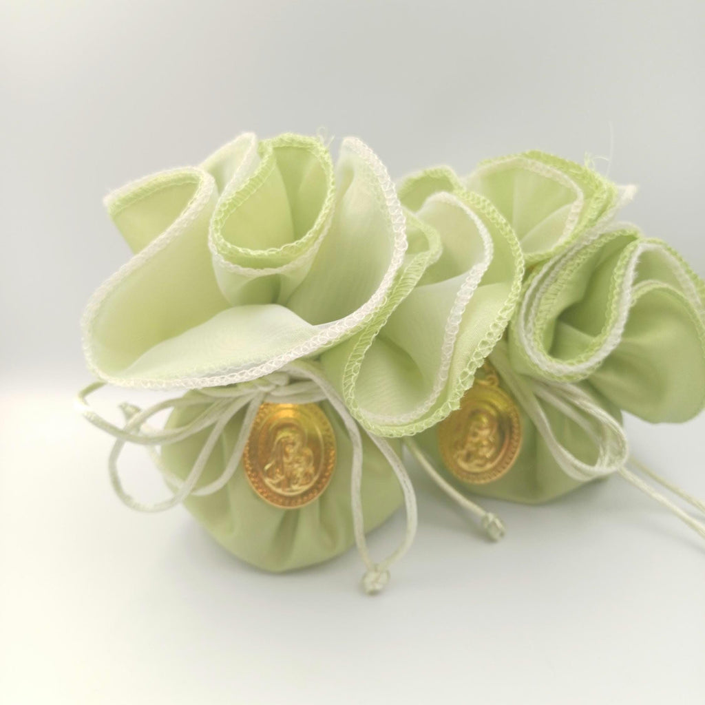 Baptism Favor, Greek Orthodox Icon , Mint Green Taffeta bombonieres, Koufeta bags (10pcs)