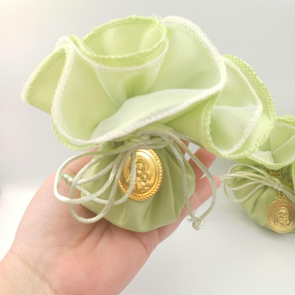Baptism Favor, Greek Orthodox Icon , Mint Green Taffeta bombonieres, Koufeta bags (10pcs)