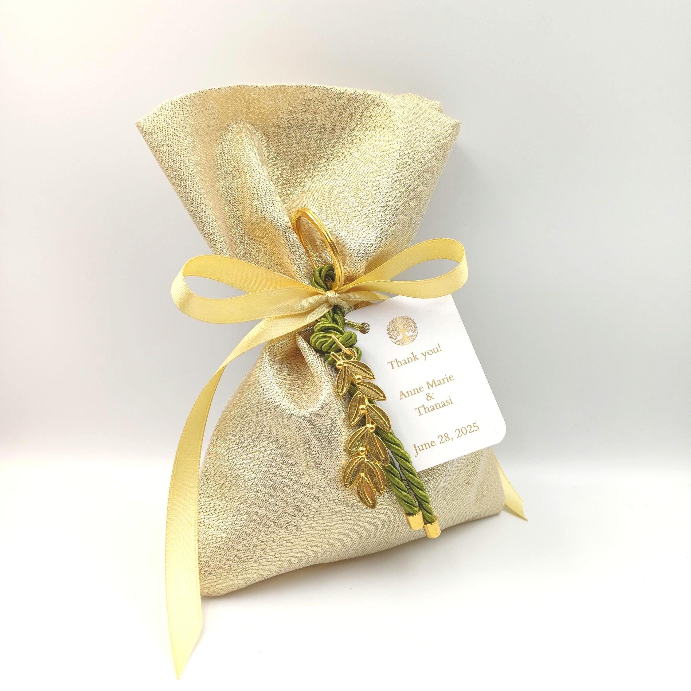 Bomboniere with koufeta, personalized wedding Favor Bags: Personalized Greek Orthodox favors with Olive Branch Keychain (set of 10)
