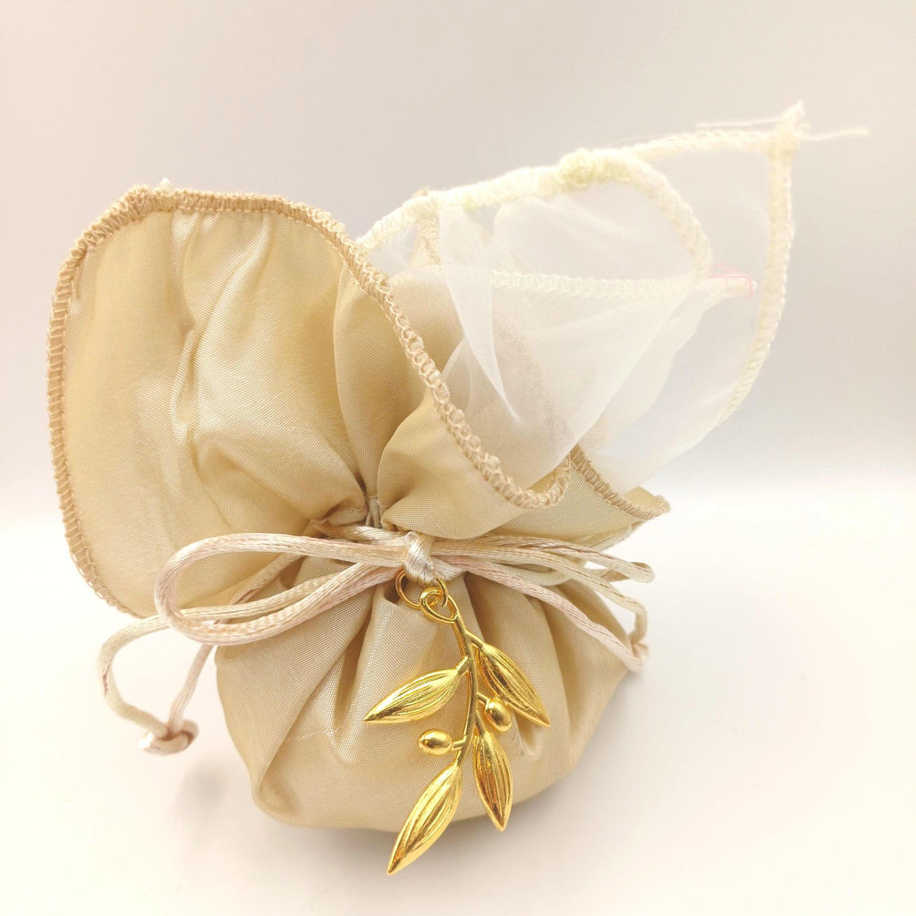 Olive Branch Bomboniere Favor – Ivory Satin Bag with Gold Olive Charm, Filled with Koufeta, Greek Wedding Rustic Set of 10
