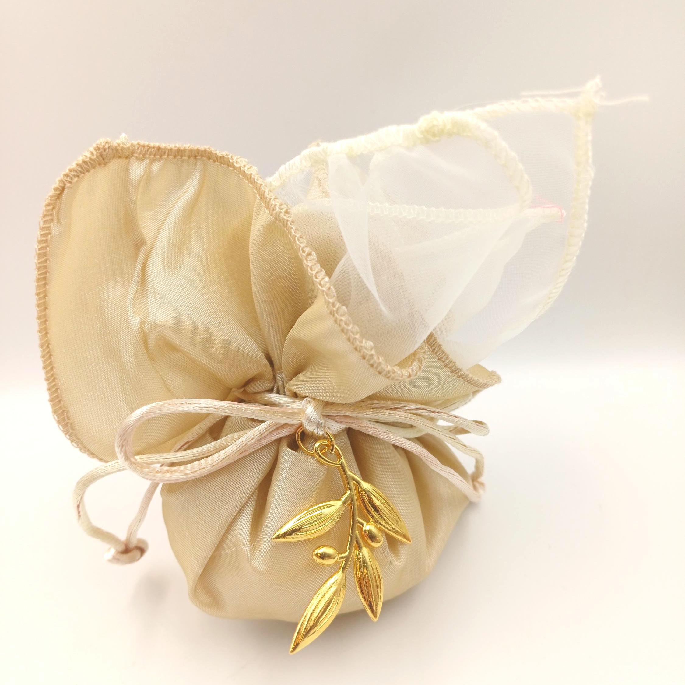 Olive Branch Bomboniere Favor – Ivory Satin Bag with Gold Olive Charm, Filled with Koufeta, Greek Wedding Rustic Set of 10