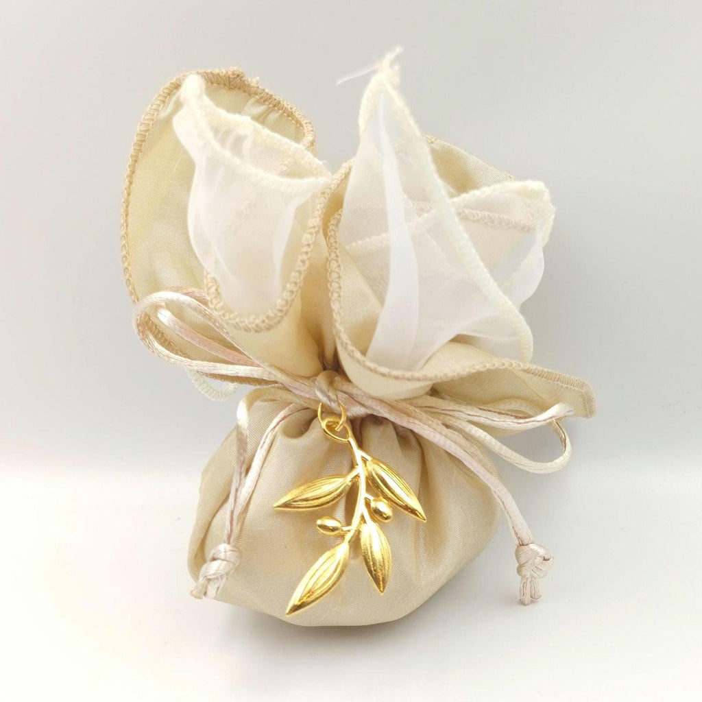 Olive Branch Bomboniere Favor – Ivory Satin Bag with Gold Olive Charm, Filled with Koufeta, Greek Wedding Rustic Set of 10