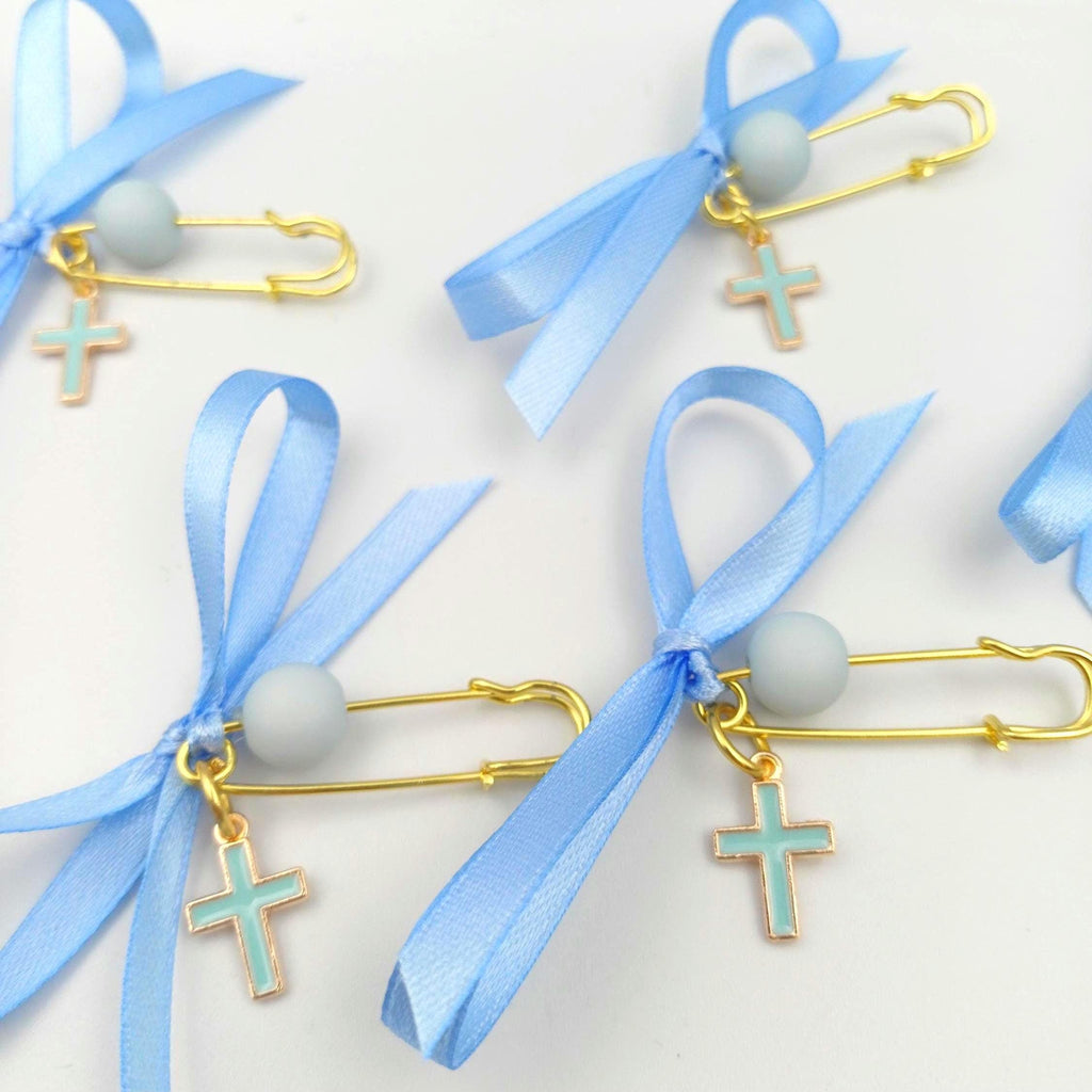 Enamel Cross Baptism Favors,  Blue Martyrika Safety Pins, Set of 10