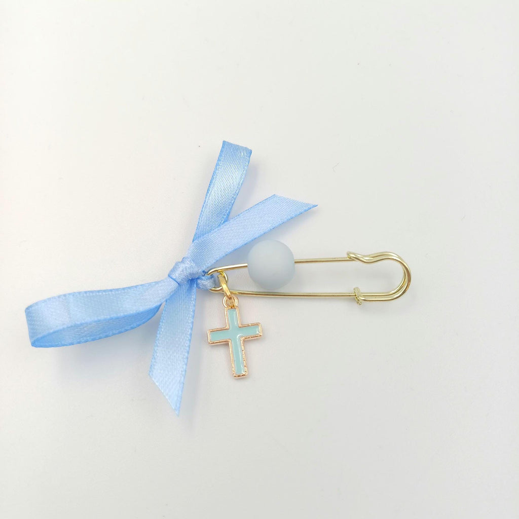 Enamel Cross Baptism Favors,  Blue Martyrika Safety Pins, Set of 10