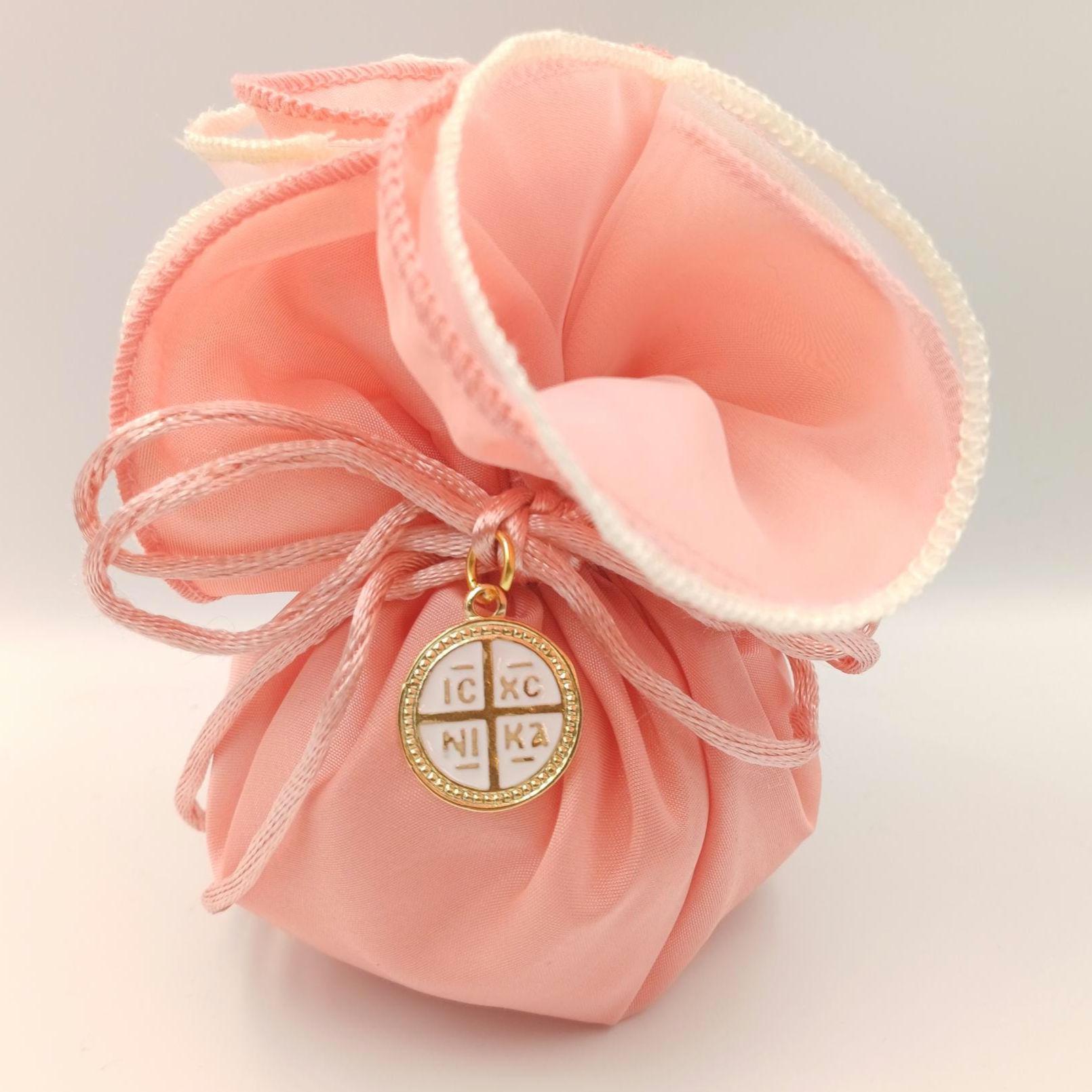 Pink satin bags with koufeta, Greek Orthodox Baptism Cross boubounieres (10pcs)