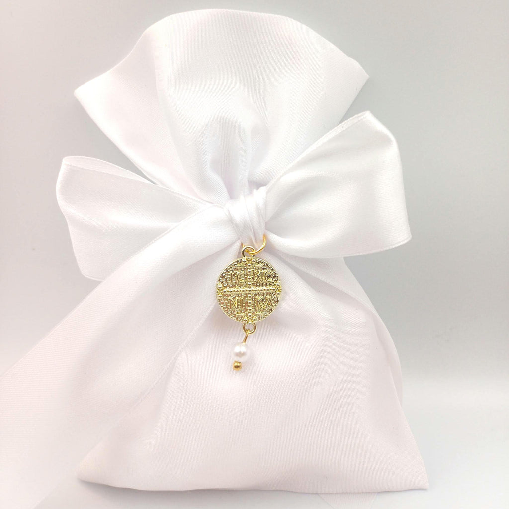 Greek Orthodox Bombonieres, White Satin communion favors with Cross, Pearl Baptism bomboniera, 5 sugared Almonds (Set of 10).