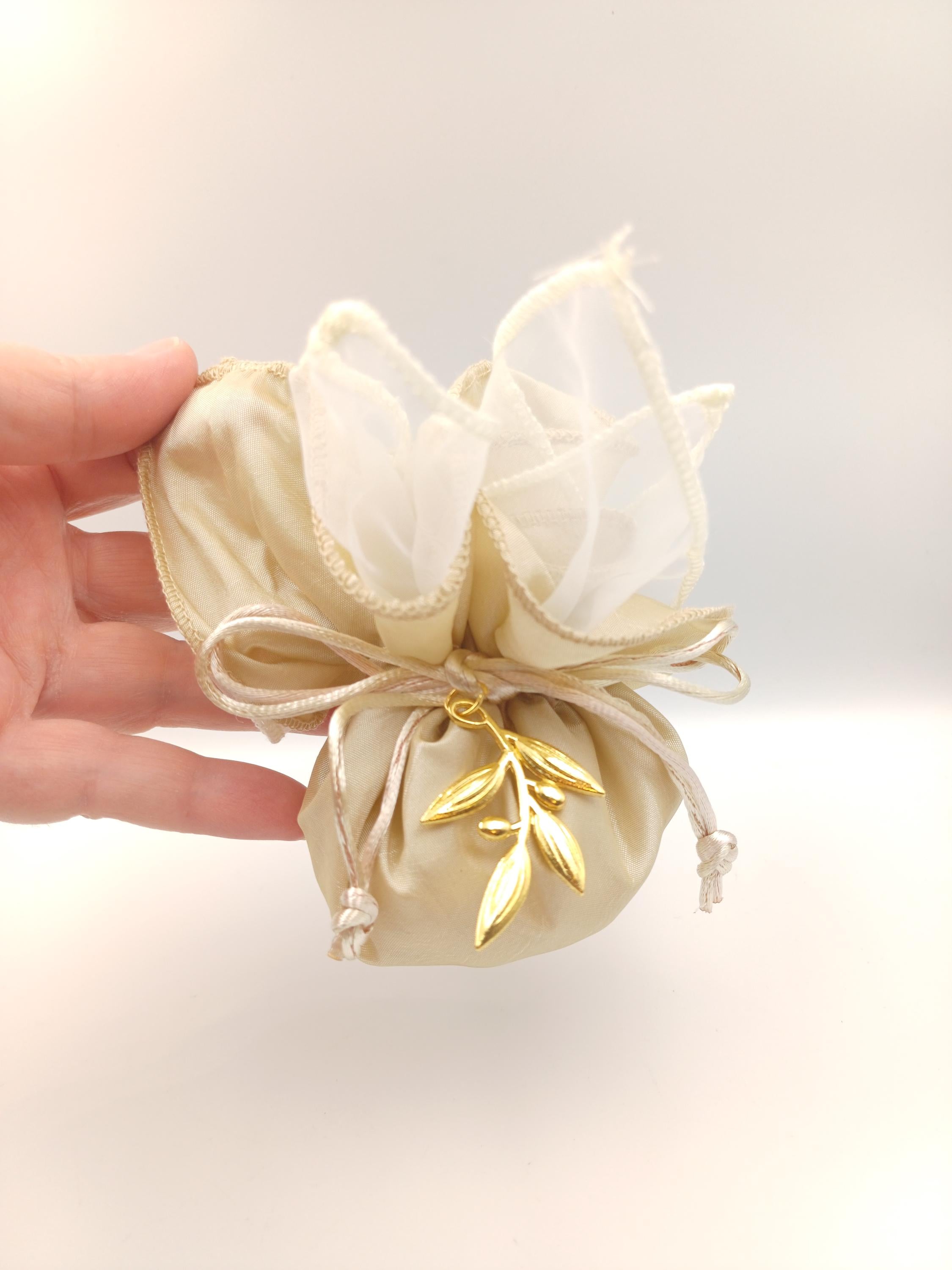 Olive Branch Bomboniere Favor – Ivory Satin Bag with Gold Olive Charm, Filled with Koufeta, Greek Wedding Rustic Set of 10
