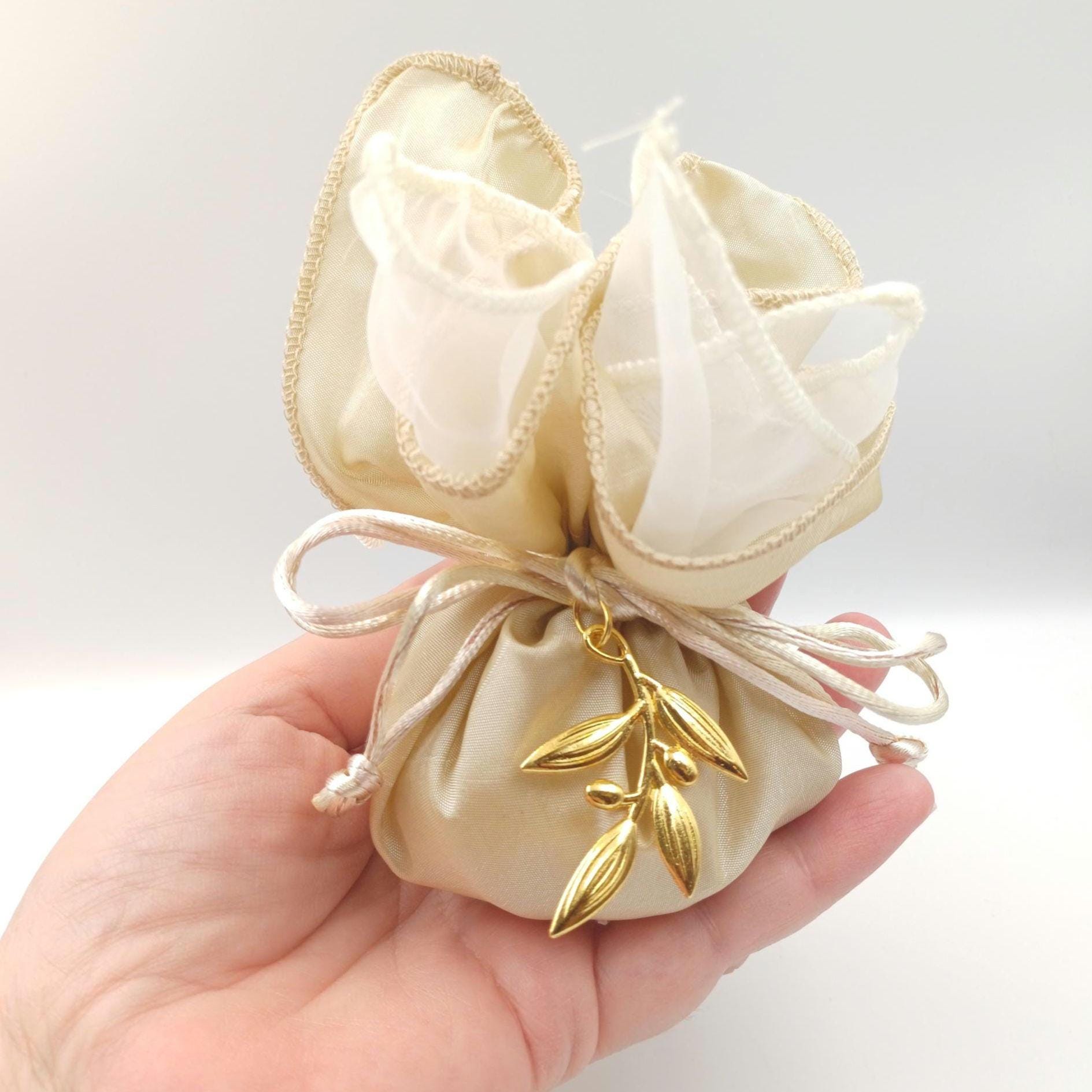 Olive Branch Bomboniere Favor – Ivory Satin Bag with Gold Olive Charm, Filled with Koufeta, Greek Wedding Rustic Set of 10