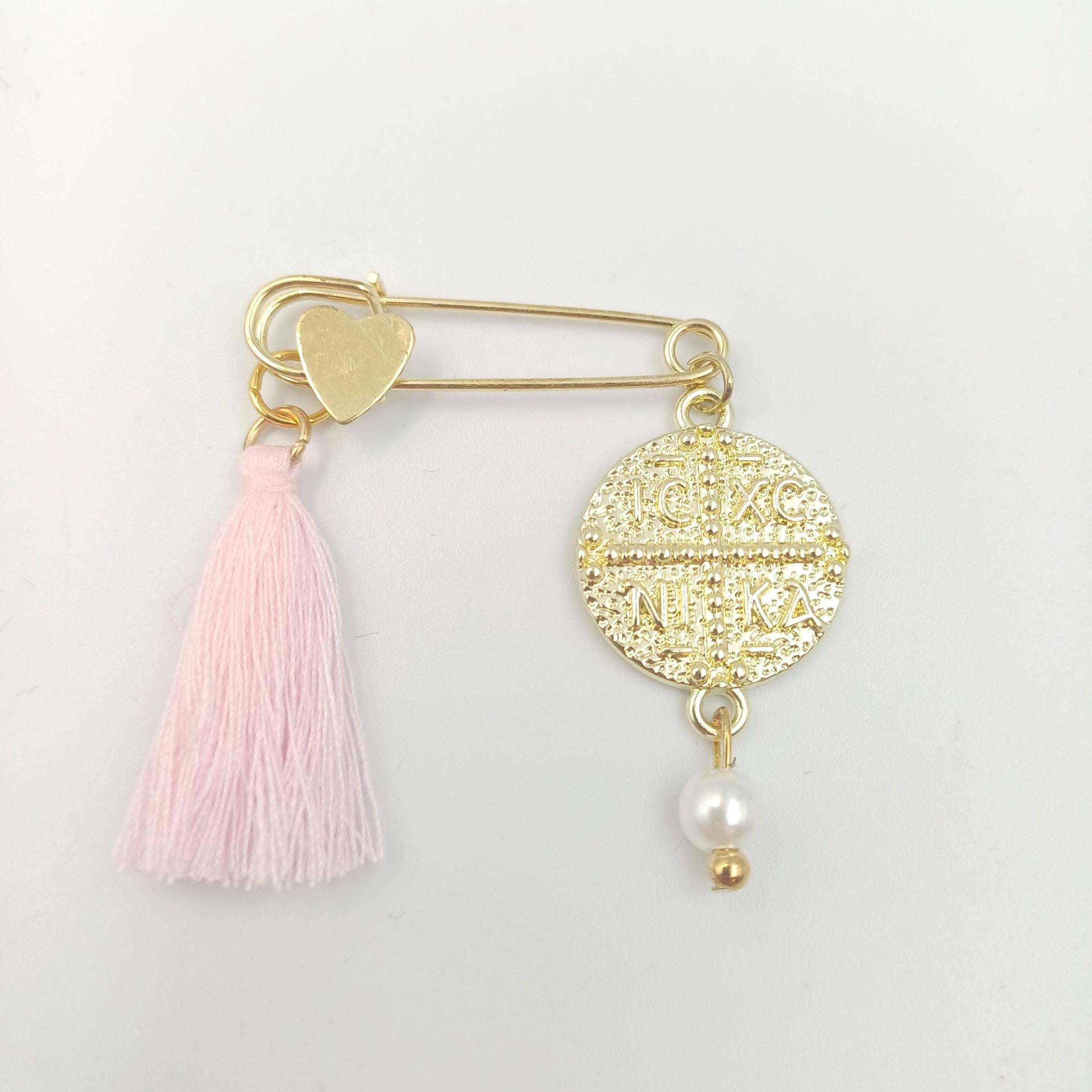 First Communion Gold cross Safety Pin Greek Orthodox Baptism Martyrika IC XC NIKA set of 10