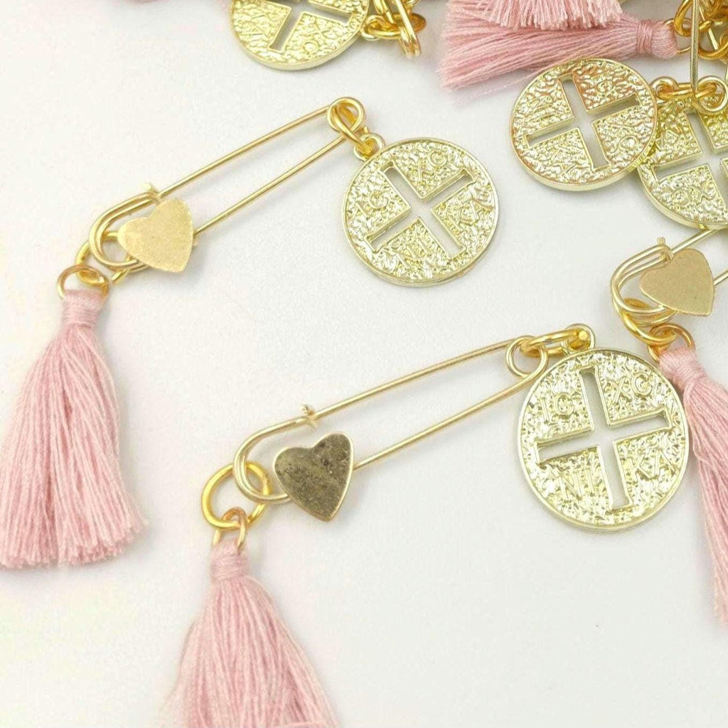 Greek Orthodox Cross Martyrika Safe Pins Baptism, pink Christening Favours 10 pcs