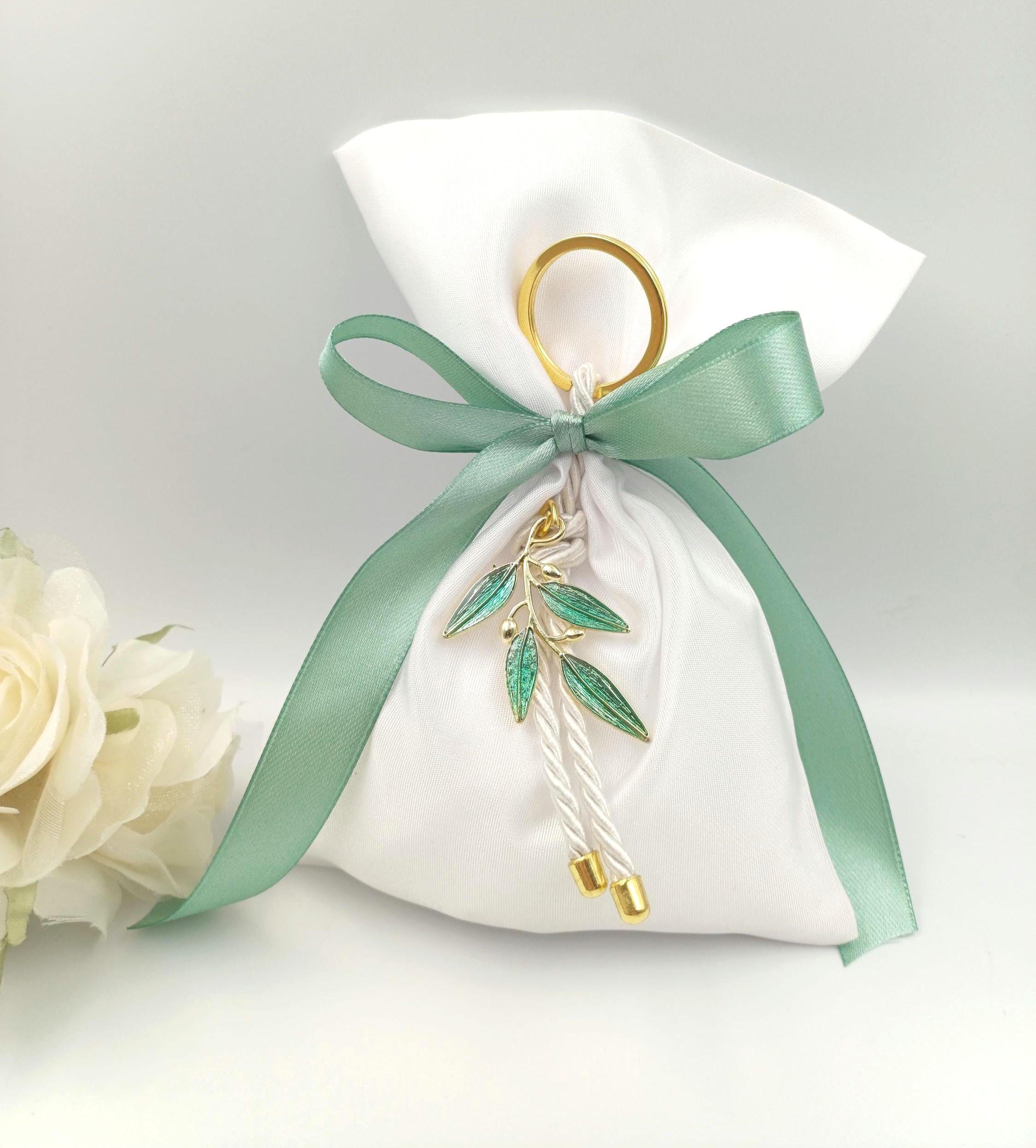 Greek Orthodox Olive Branch Wedding Favor , Sage green  Bomboniere | Satin bag Koufeta bomboniera Set of 10
