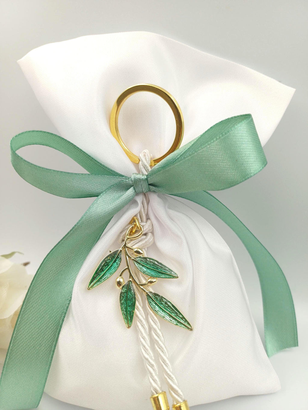Greek Orthodox Olive Branch Wedding Favor , Sage green  Bomboniere | Satin bag Koufeta bomboniera Set of 10