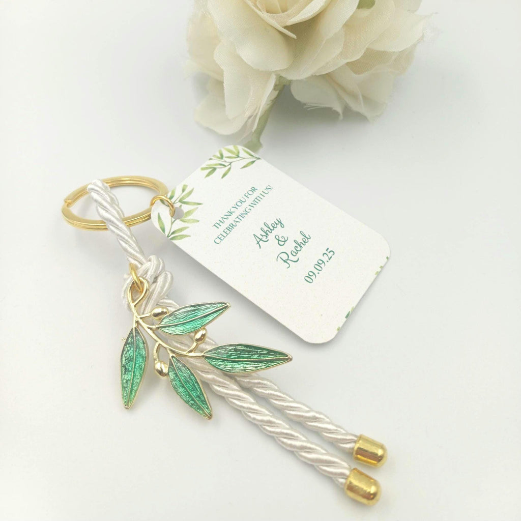 Wedding keychain Green Enamel Olive Branch Wedding Favor,  engagement party, Greek bomboniera, 10 pcs