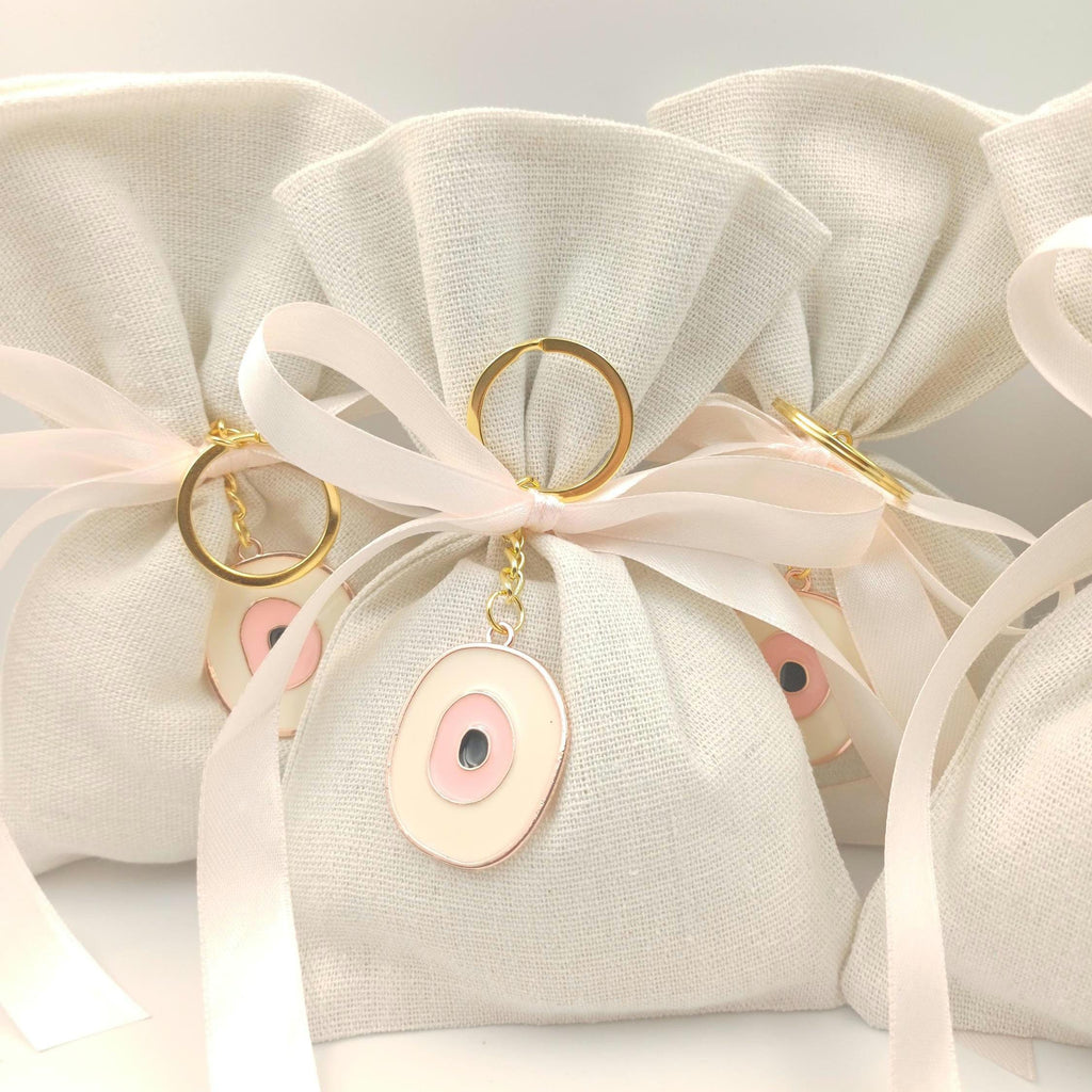 Greek Orthodox Baptism Favors Linen Bags Evil Eye Keychain Christening Bomboniere Baby Shower Gifts 10 Pcs