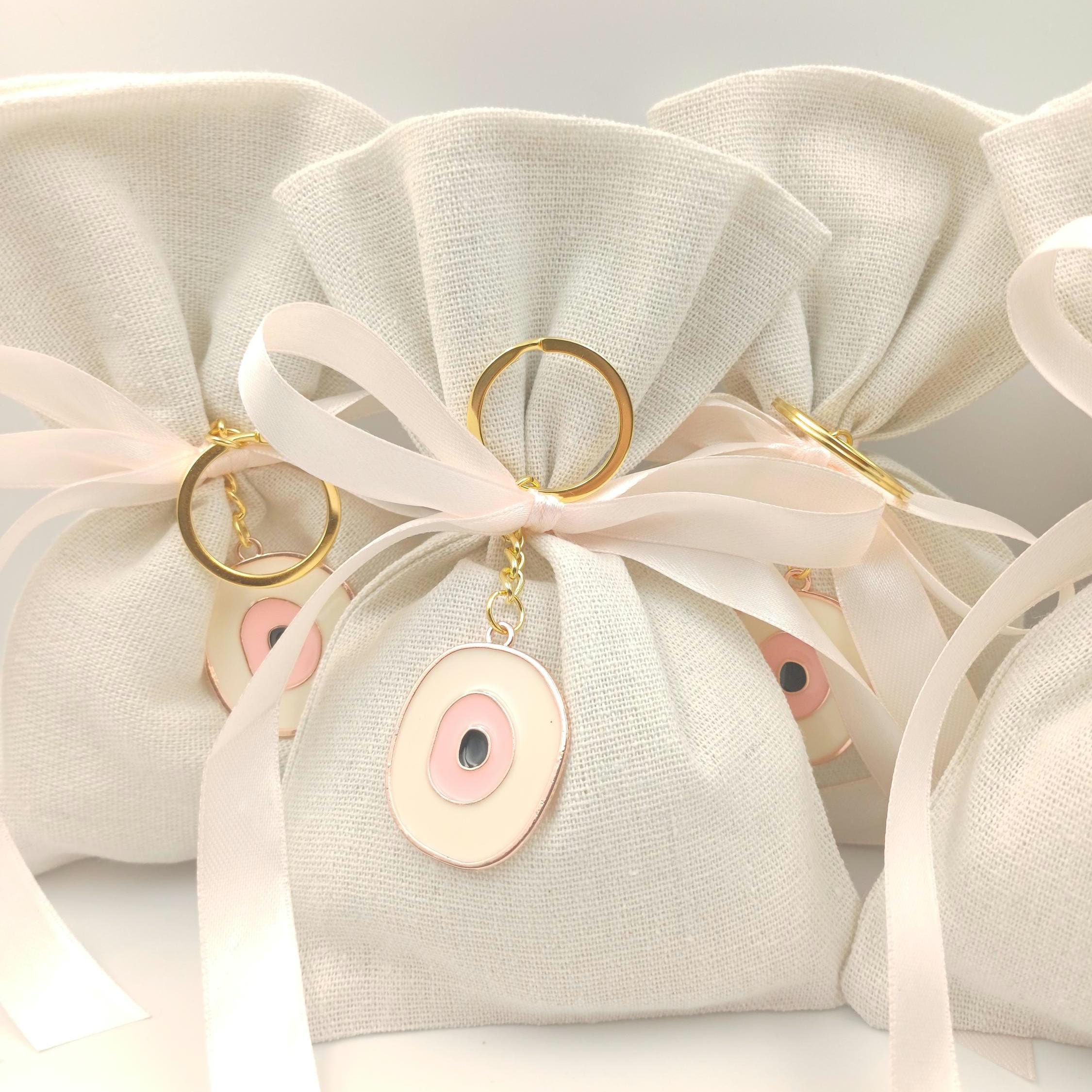 Greek Orthodox Baptism Favors Linen Bags Evil Eye Keychain Christening Bomboniere Baby Shower Gifts 10 Pcs