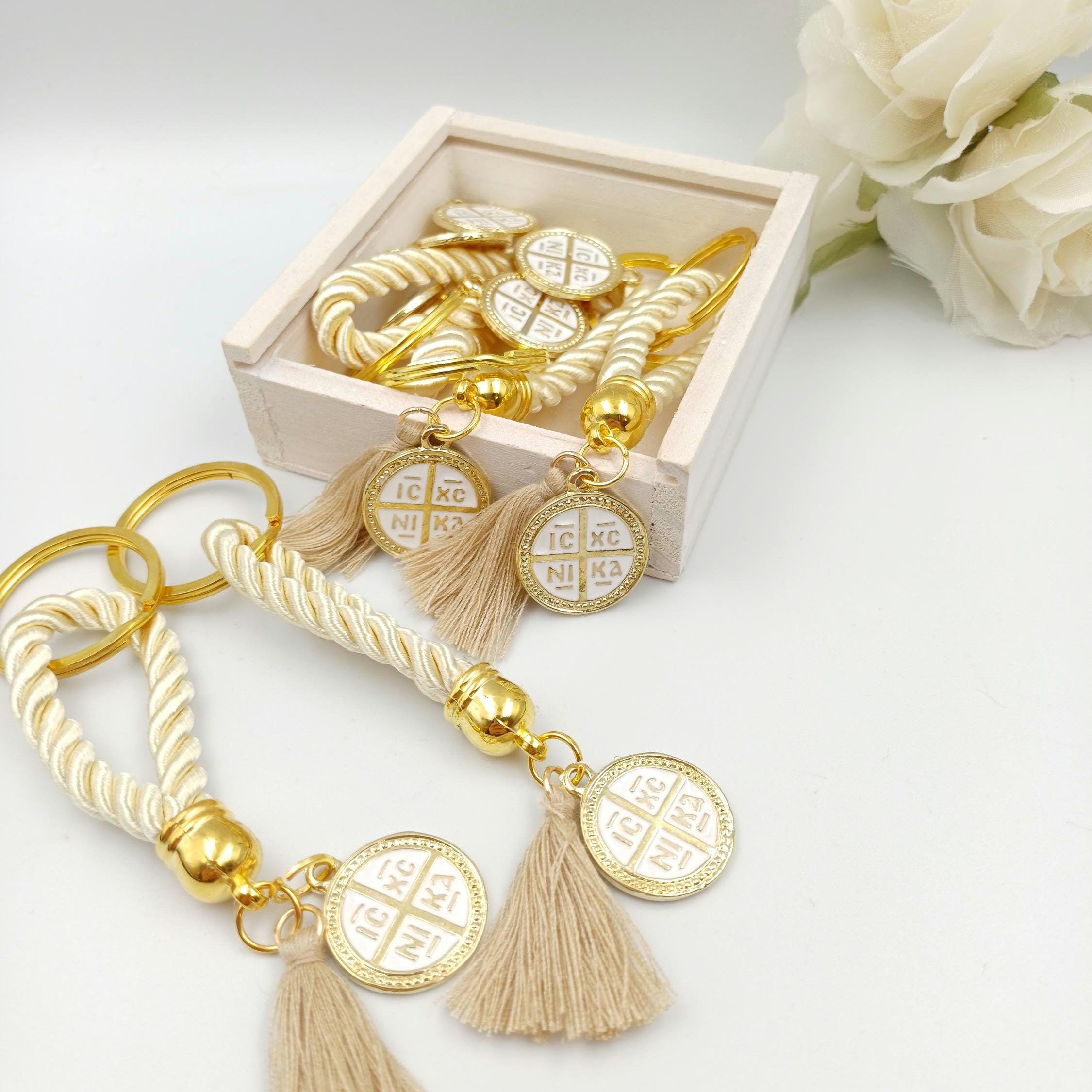 Konstantinato Cross Keychain Favors, Greek Orthodox Baptism Souvenir, mi bautizo favors (10 pcs)