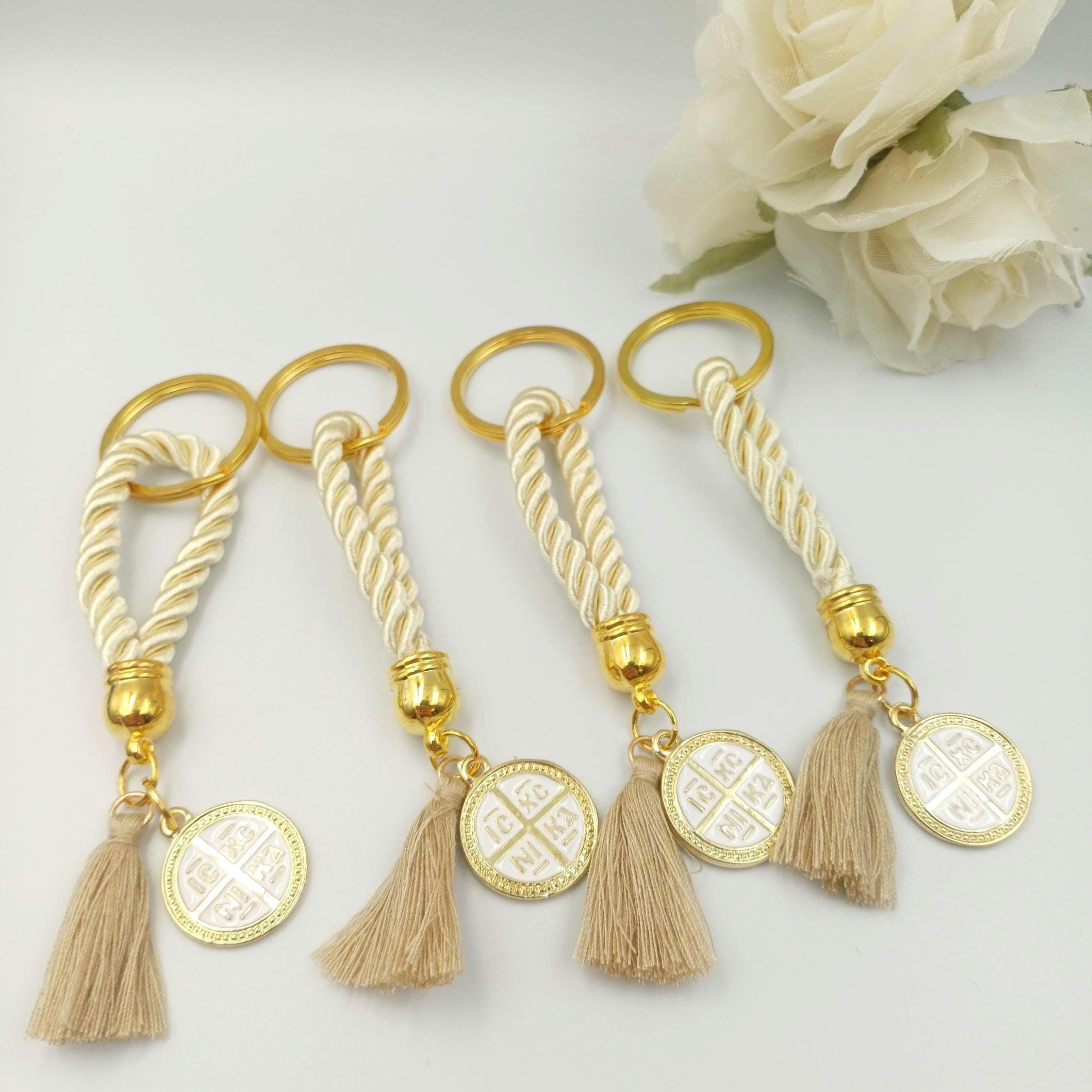 Konstantinato Cross Keychain Favors, Greek Orthodox Baptism Souvenir, mi bautizo favors (10 pcs)
