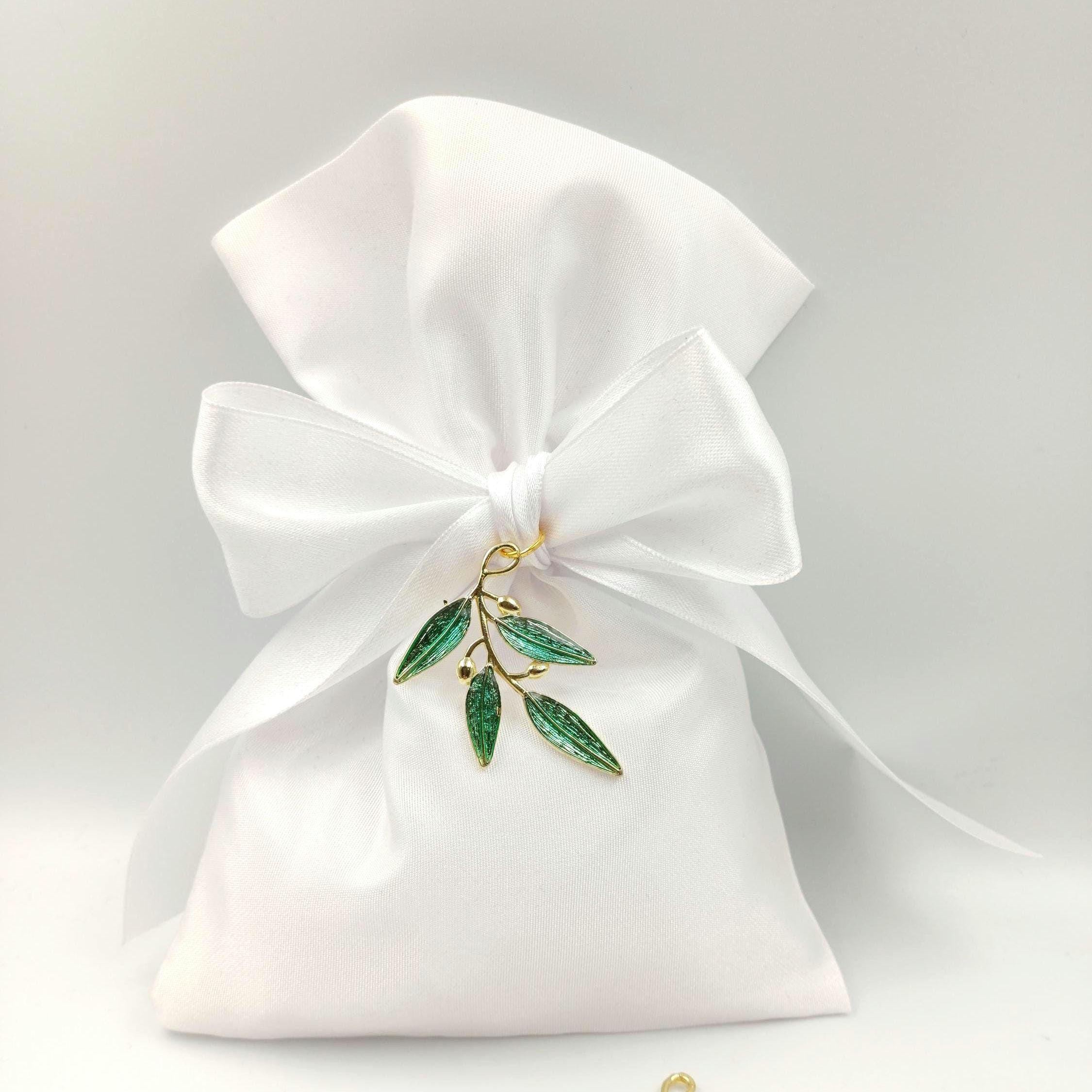 Greek Bomboniera, Wedding  Favor Olive Branch Enamel Charm, bridal shower Gift, Koufeta set of 10
