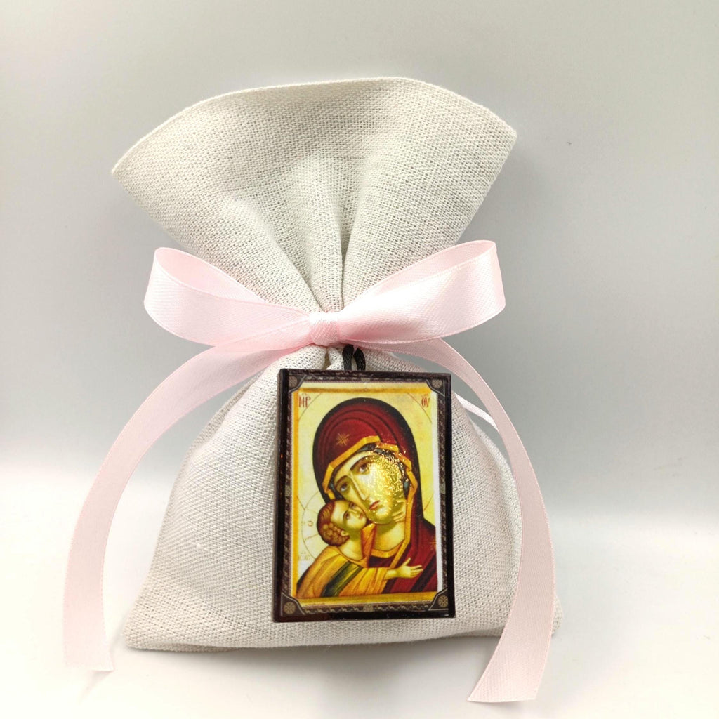 Wooden icons for guests, Panagia icon Favor, Religious icon gifts, Greek Orthodox Baptism Bomboniera Koufeta, Jordan Almond Candy, (10pcs)