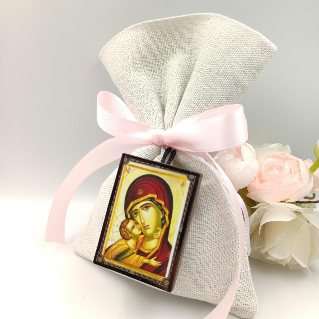 Wooden icons for guests, Panagia icon Favor, Religious icon gifts, Greek Orthodox Baptism Bomboniera Koufeta, Jordan Almond Candy, (10pcs)