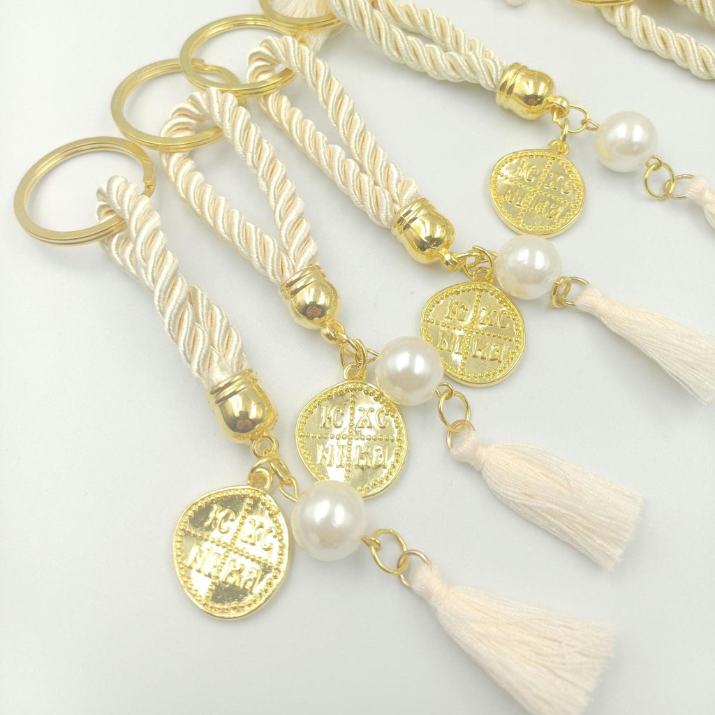Konstantinato Cross Keychain Favors: Greek Orthodox Baptism Martyrika (10 pcs)