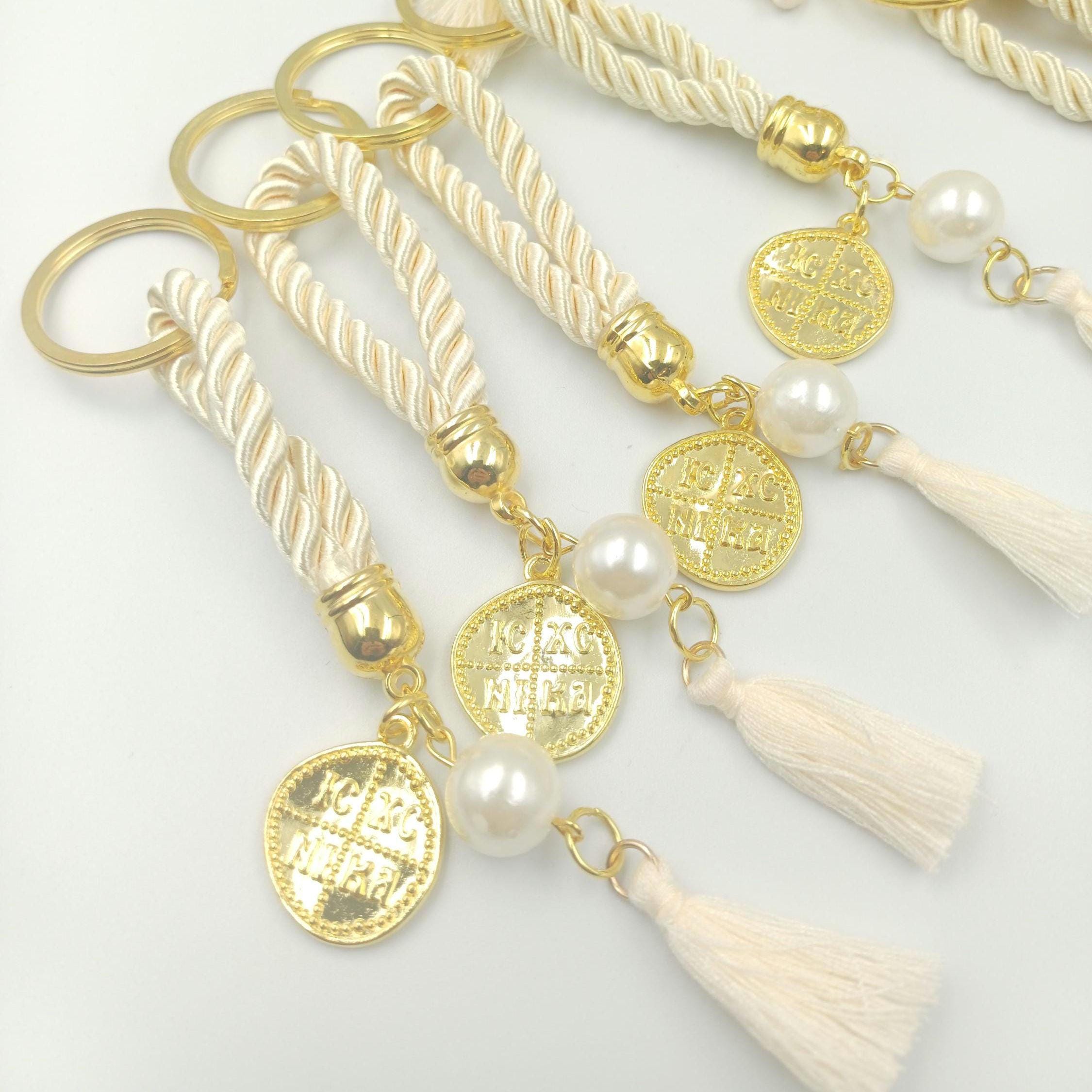 Konstantinato Cross Keychain Favors: Greek Orthodox Baptism Martyrika (10 pcs)