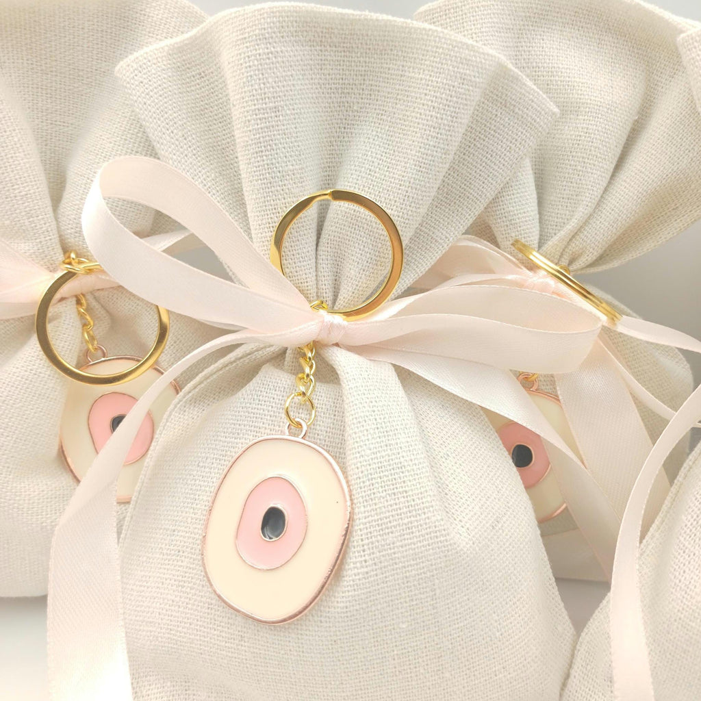 Greek Orthodox Baptism Favors Linen Bags Evil Eye Keychain Christening Bomboniere Baby Shower Gifts 10 Pcs