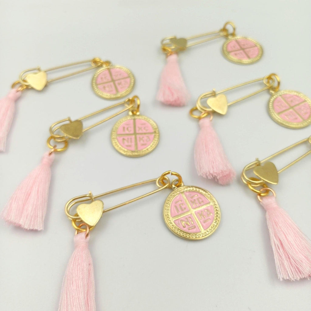 Greek Baptism Martyrika Safe pin – Gold Enamel Cross Witness Pins – Orthodox Baptism Favors, first communion gift (Set of 10)