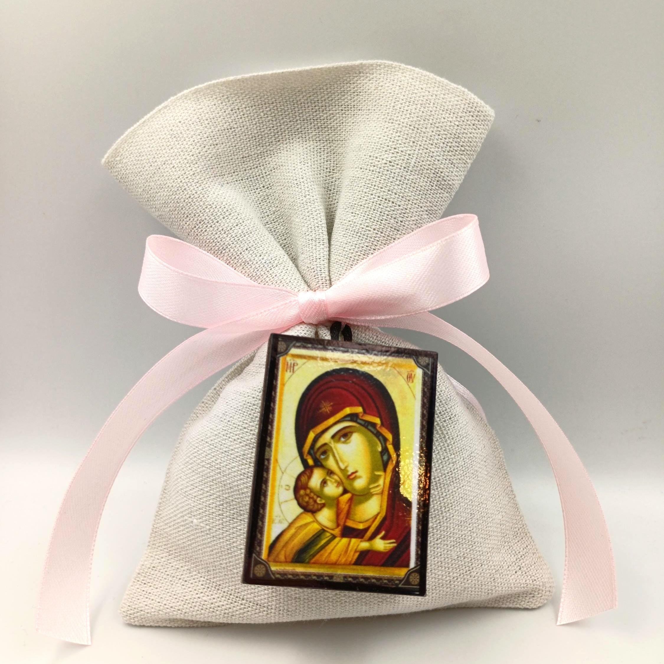 Wooden icons for guests, Panagia icon Favor, Religious icon gifts, Greek Orthodox Baptism Bomboniera Koufeta, Jordan Almond Candy, (10pcs)
