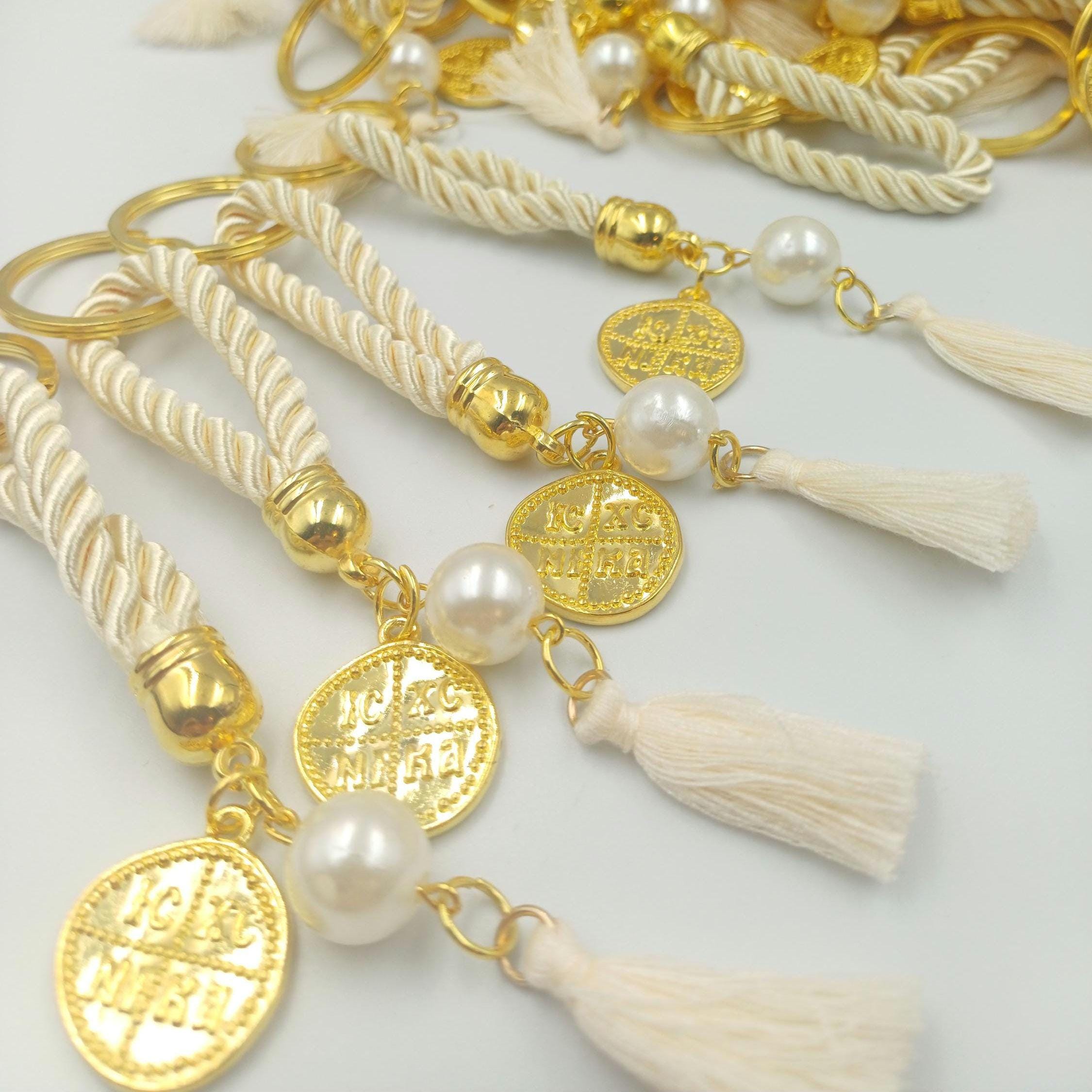 Konstantinato Cross Keychain Favors: Greek Orthodox Baptism Martyrika (10 pcs)